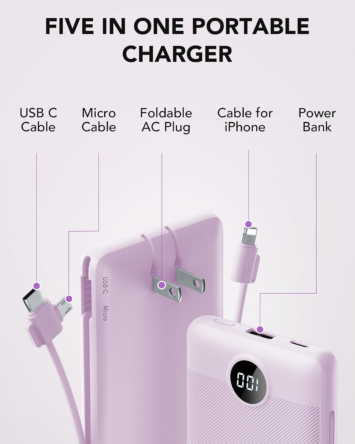 VRURC Cargador portátil, cables integrados en el banco de energía y...
