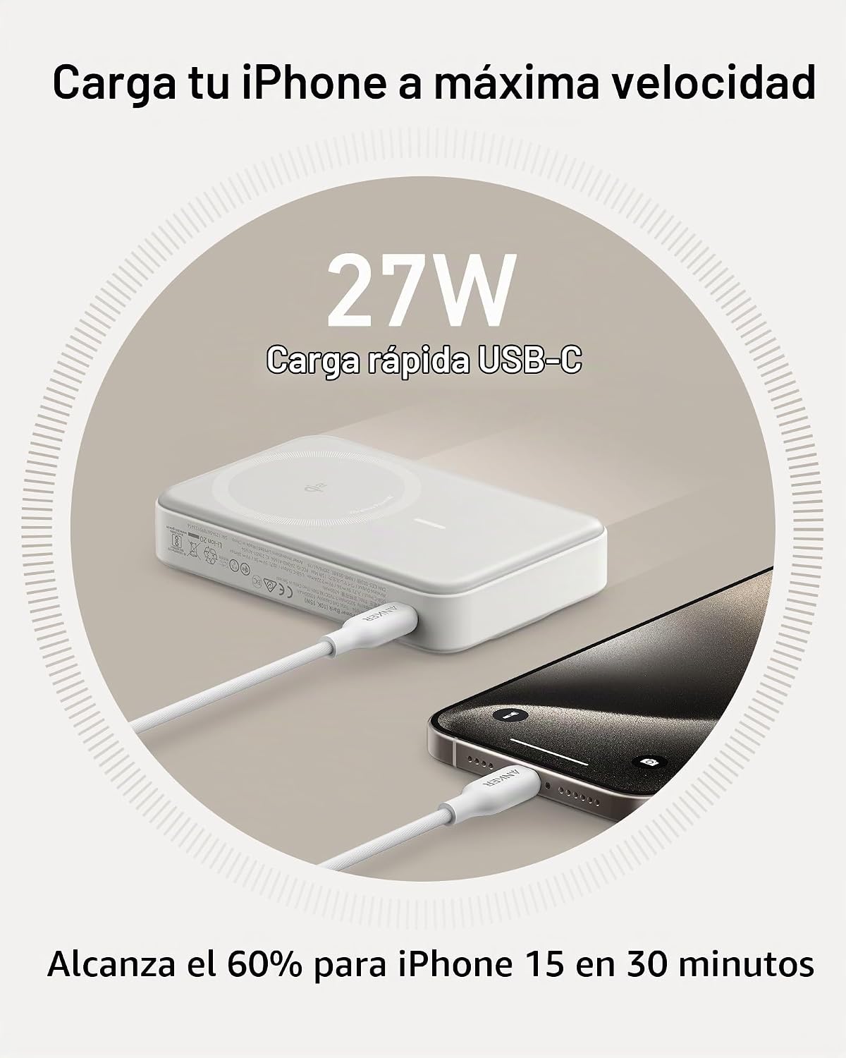 Anker MagGo Power Bank, cargador portátil máximo de 15 W con certif...