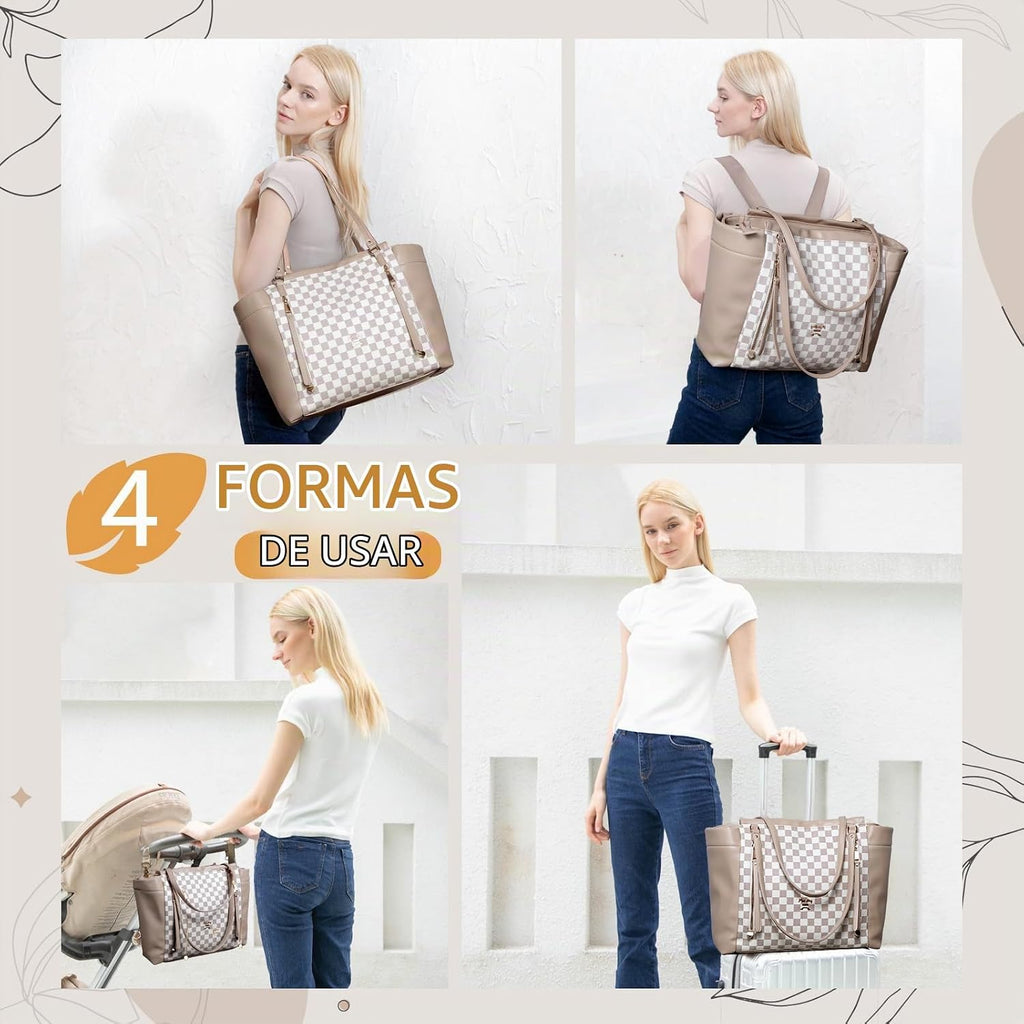 miss fong Bolso de pañales de cuero con diseño a cuadros, mochila g...