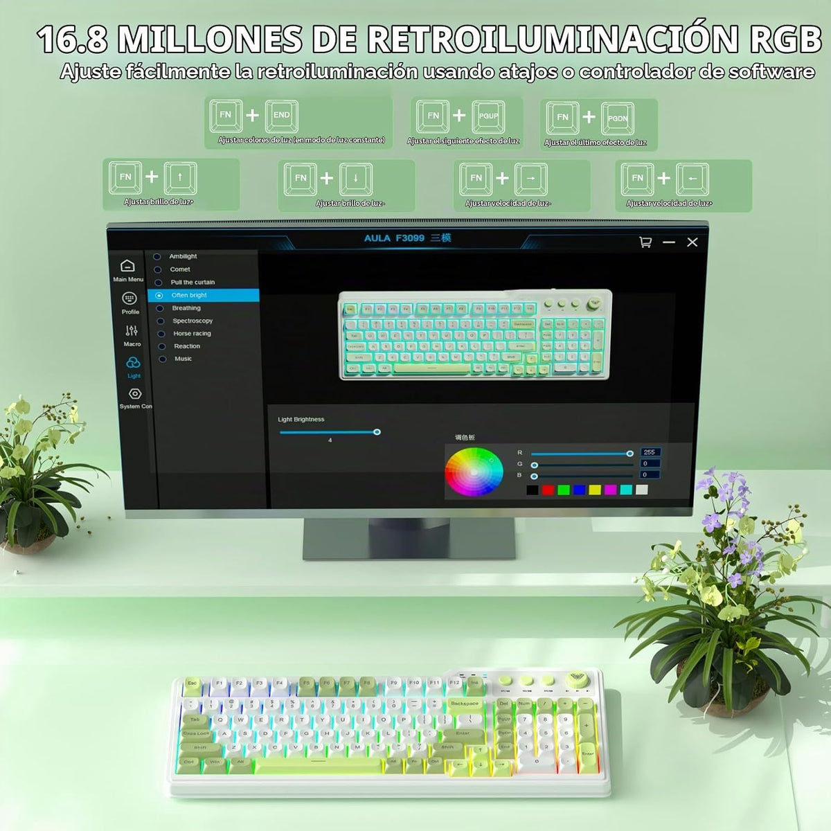 Teclado inalámbrico Aula F3099 con mando multimedia, teclado tri-mo...