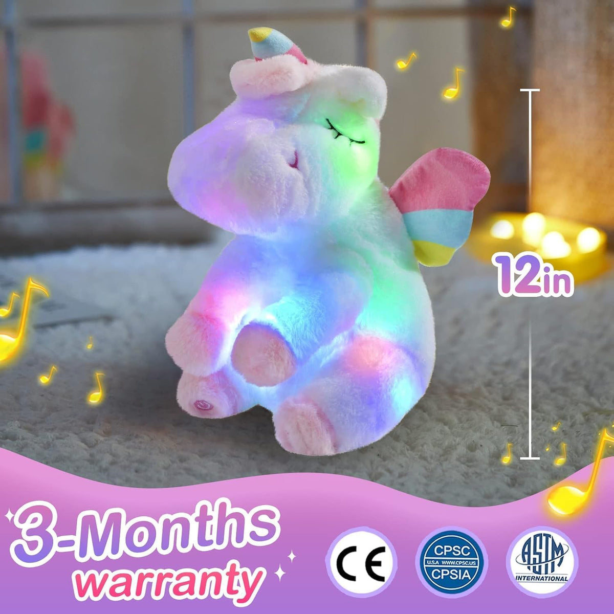 Athoinsu Unicornio de peluche musical con luces LED, suave y con pe...