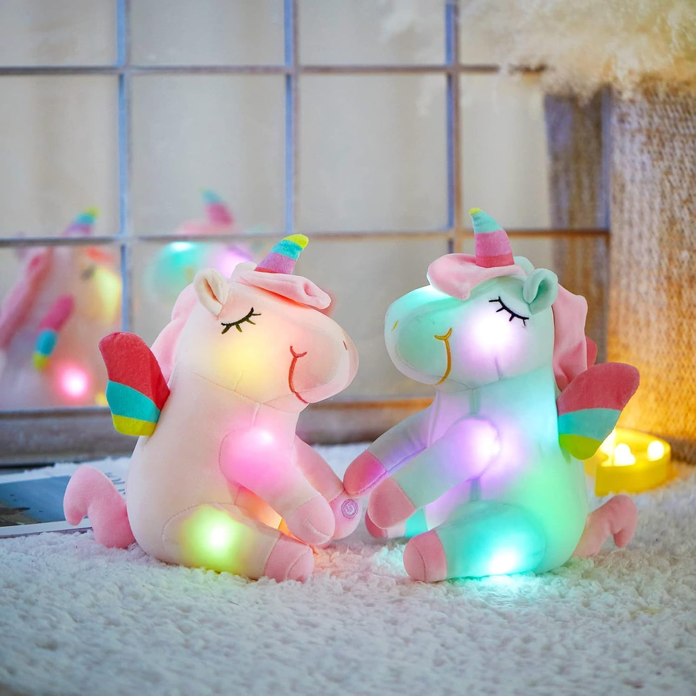 Athoinsu Juguete suave de peluche de unicornio verde iluminado con...