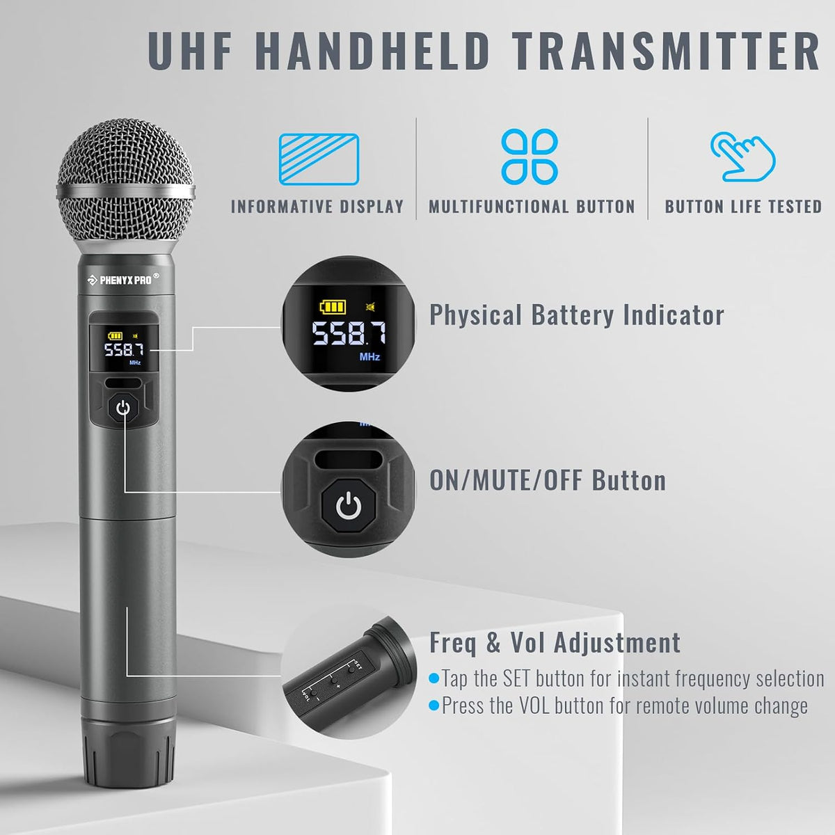 Phenyx Pro Sistema de micrófono inalámbrico dinámico de metal UHF d...