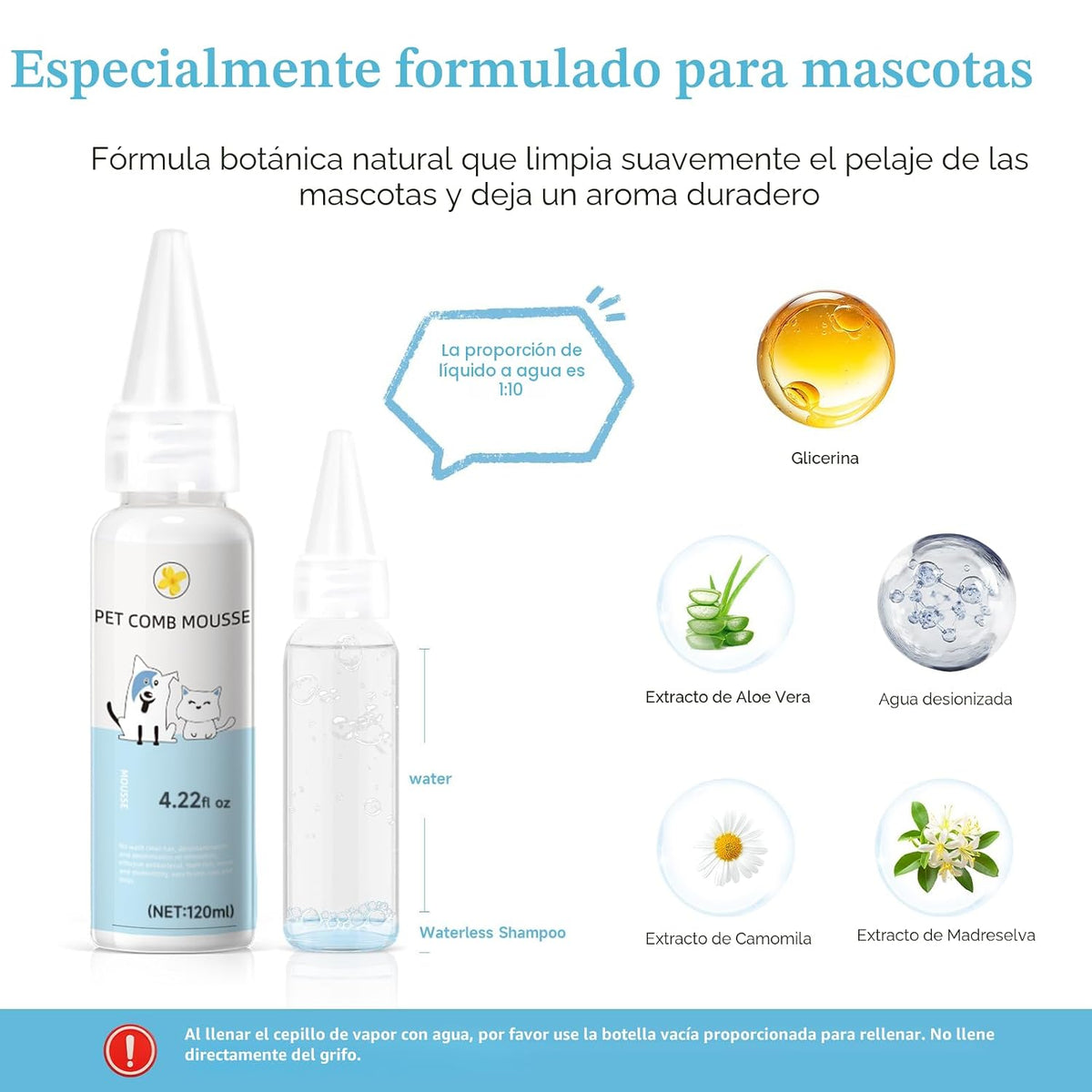 Cepillo de vapor para mascotas para perros y gatos, incluye 2 champ...