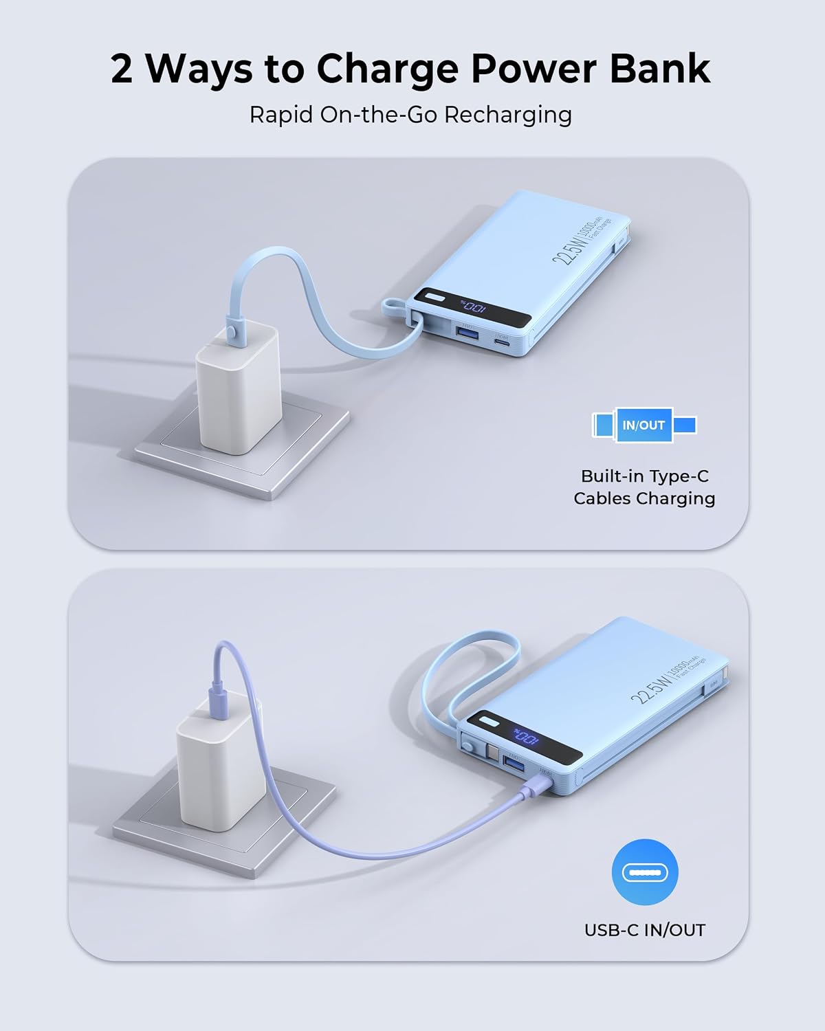 PowerBank con 2 cables incorporados 10000mAh, cargador de viaje por...