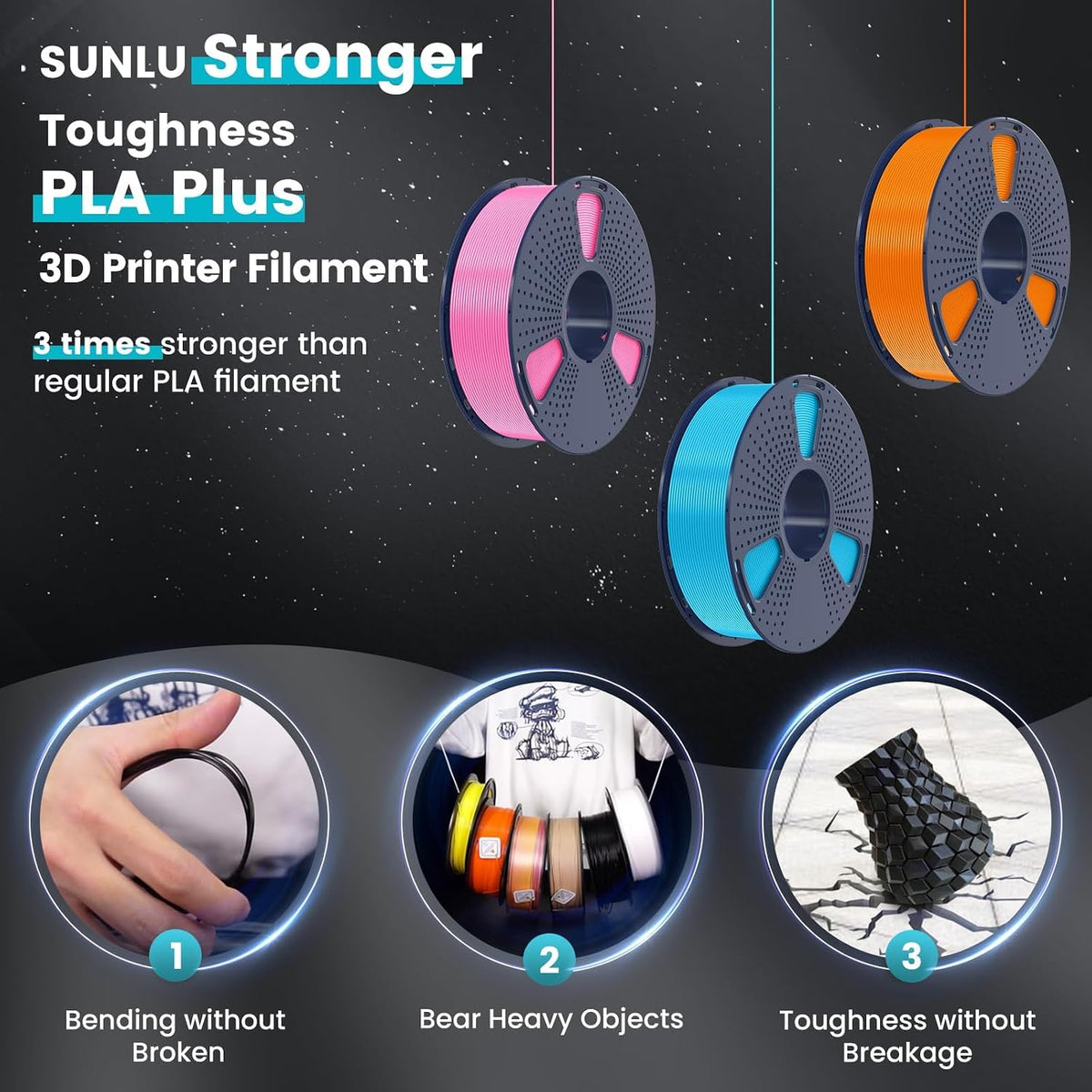 SUNLU Filamento PLA Plus para impresora 3D de 0.07 in, color negro,...
