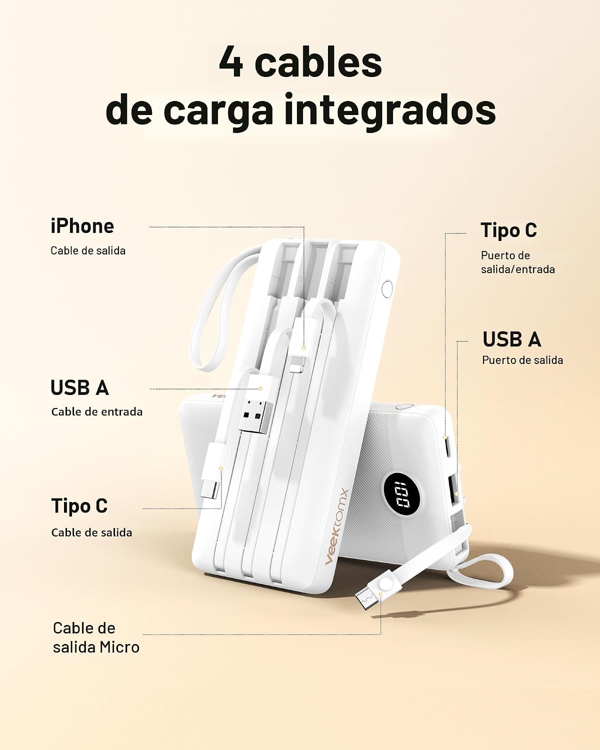 VEEKTOMX Cargador portátil de 10000 mAh con 4 cables incorporados |...