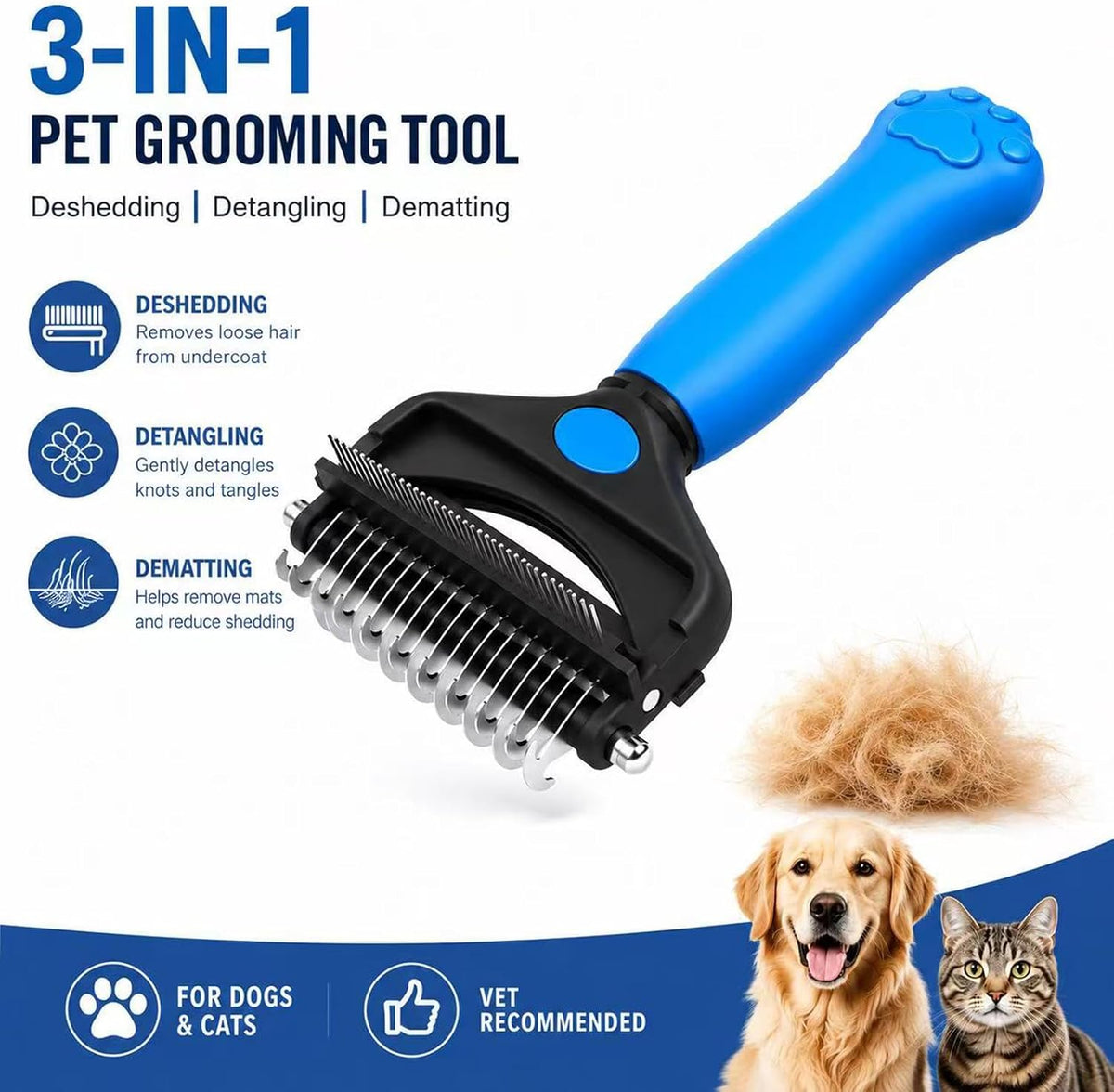 KIVMTAR Deshedding - Cepillo para perros, rastrillo 3 en 1 para per...