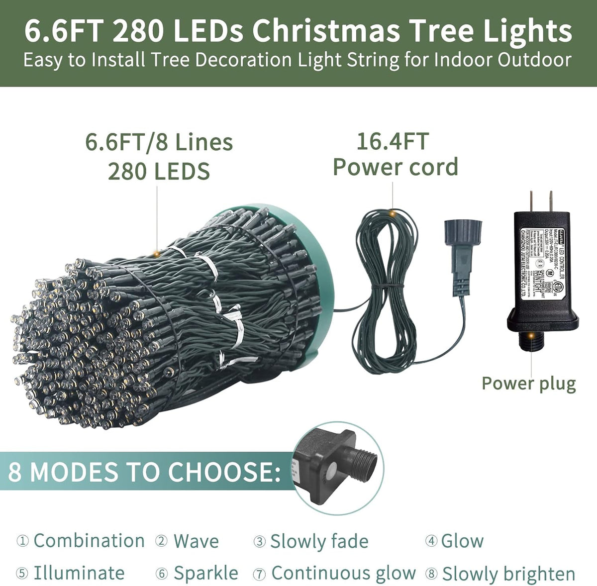VIL Luces para árbol de Navidad con anillo, 6.6 pies, 8 líneas, 280...