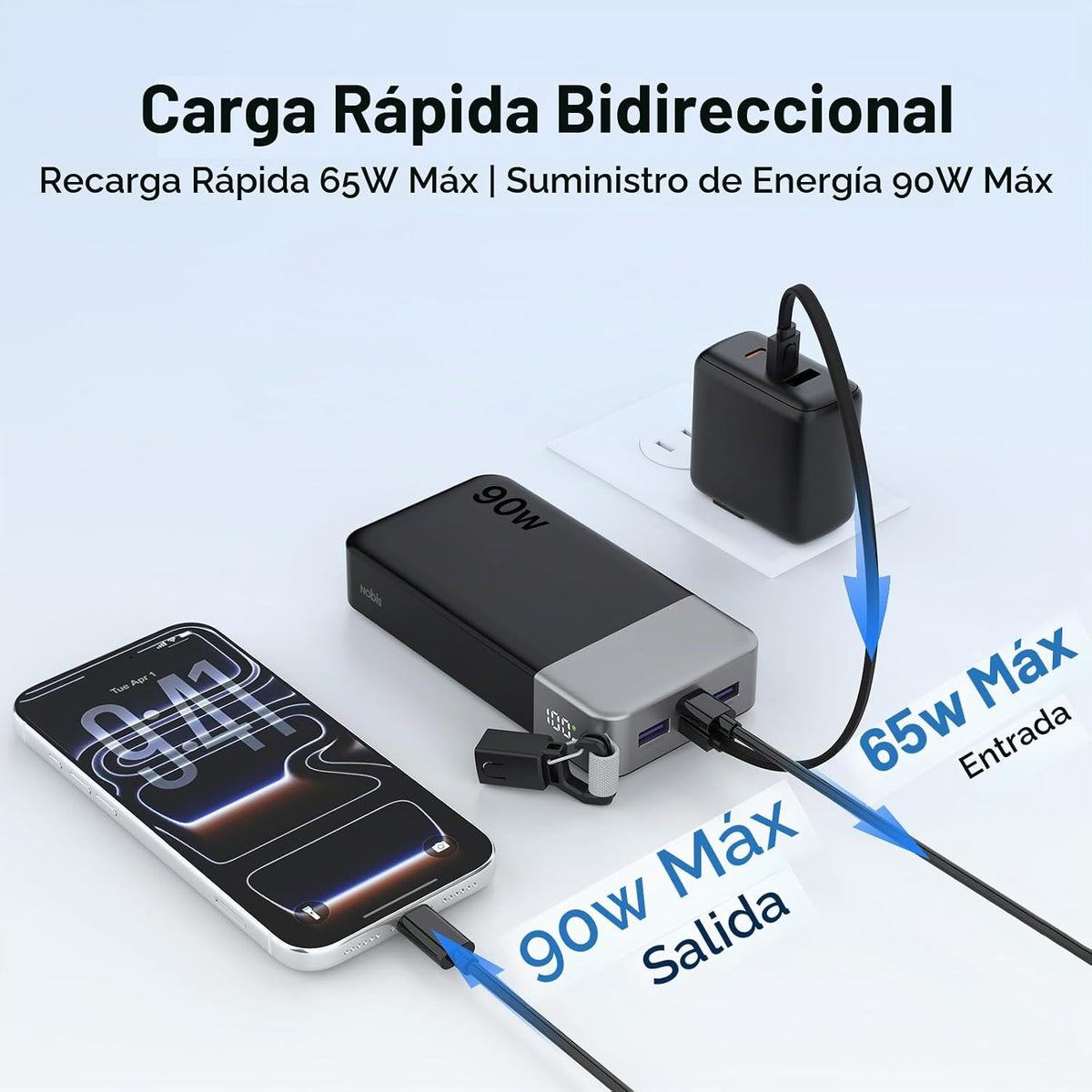 Cargador portátil NOBIS 20000mAh 90W Power Bank con cable desmontab...