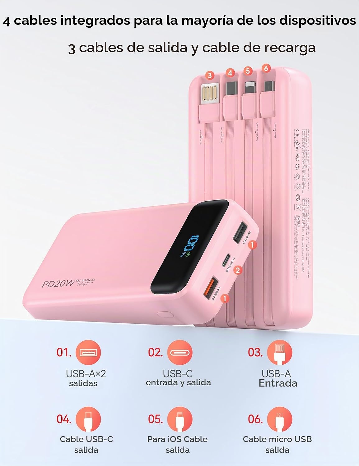 Nusyddy Cargador Portátil 20000mAh con 4 Cables Integrados y 6 Sali...