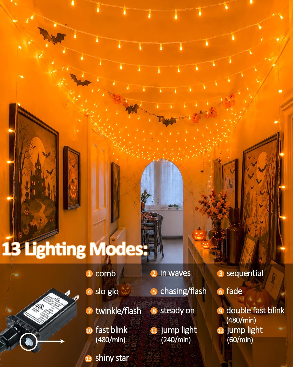 Guirnalda de 200 luces LED conectables, luces de Navidad de 66 pies...