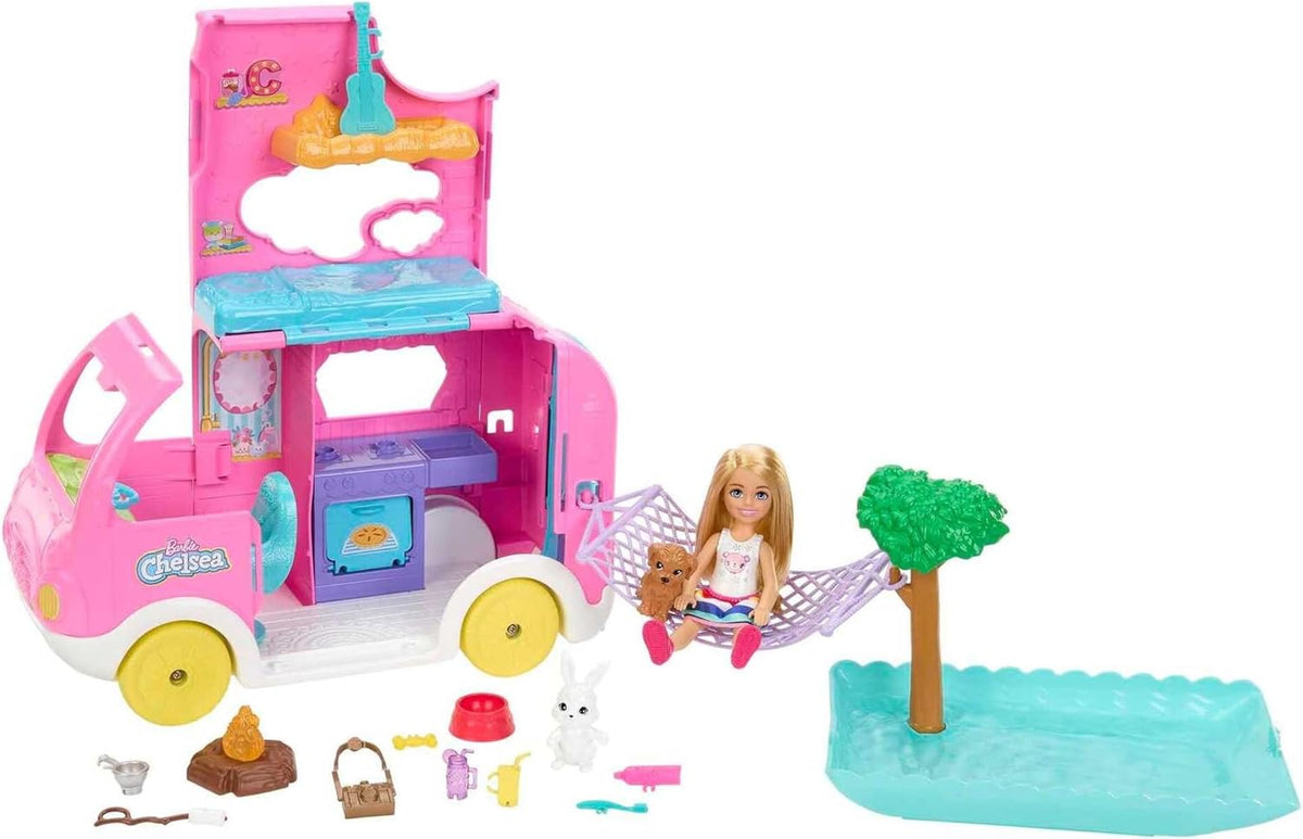 Barbie Camper, Chelsea 2 en 1 Playset | Muñeca pequeña, 2 mascotas...
