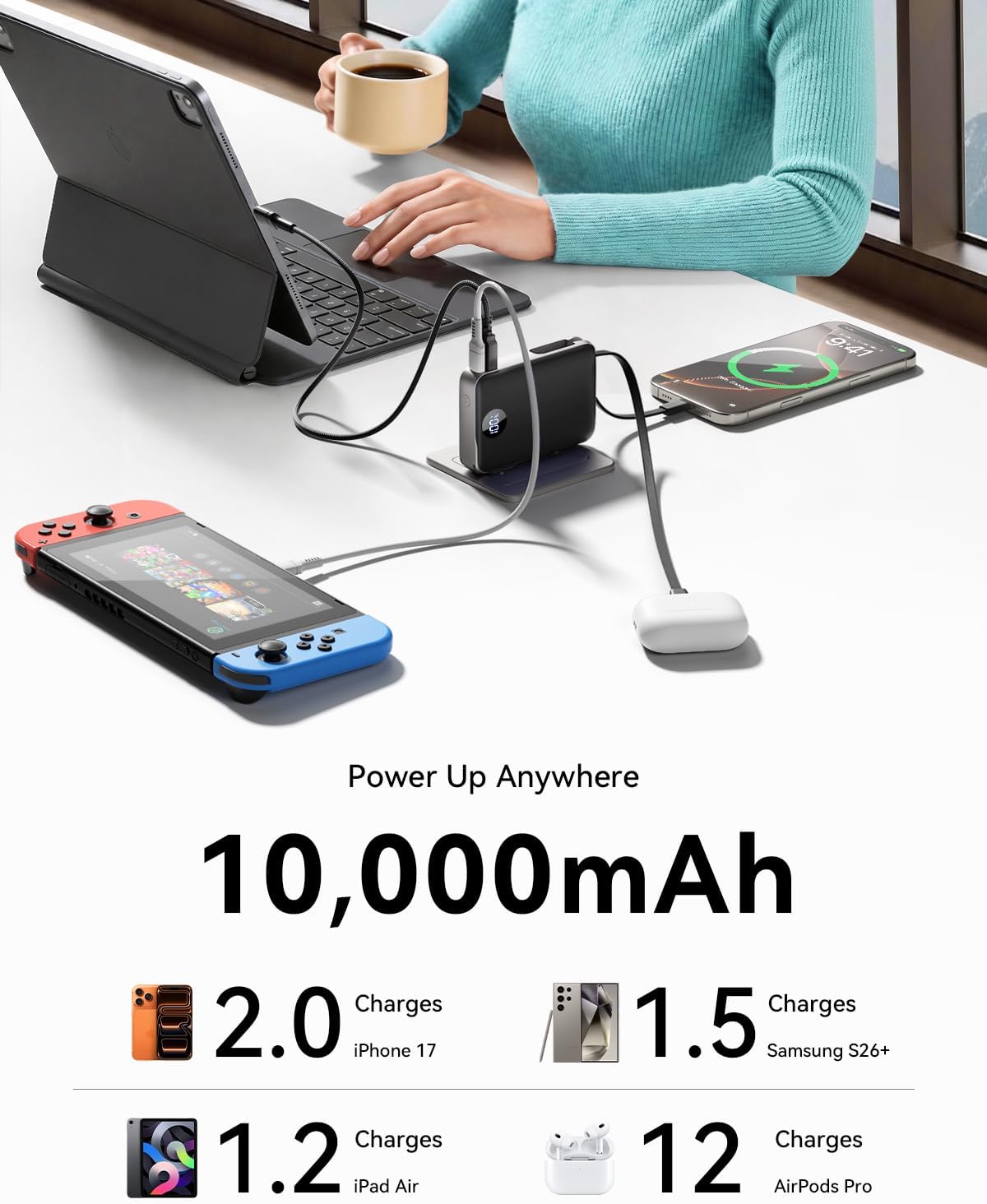 Cargador portátil Power Bank 10000mAh, 45% más pequeños cables inte...