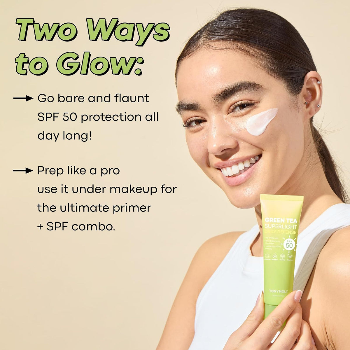TONYMOLY Protector solar facial de té verde SPF 50+ PA++++, sin yes...