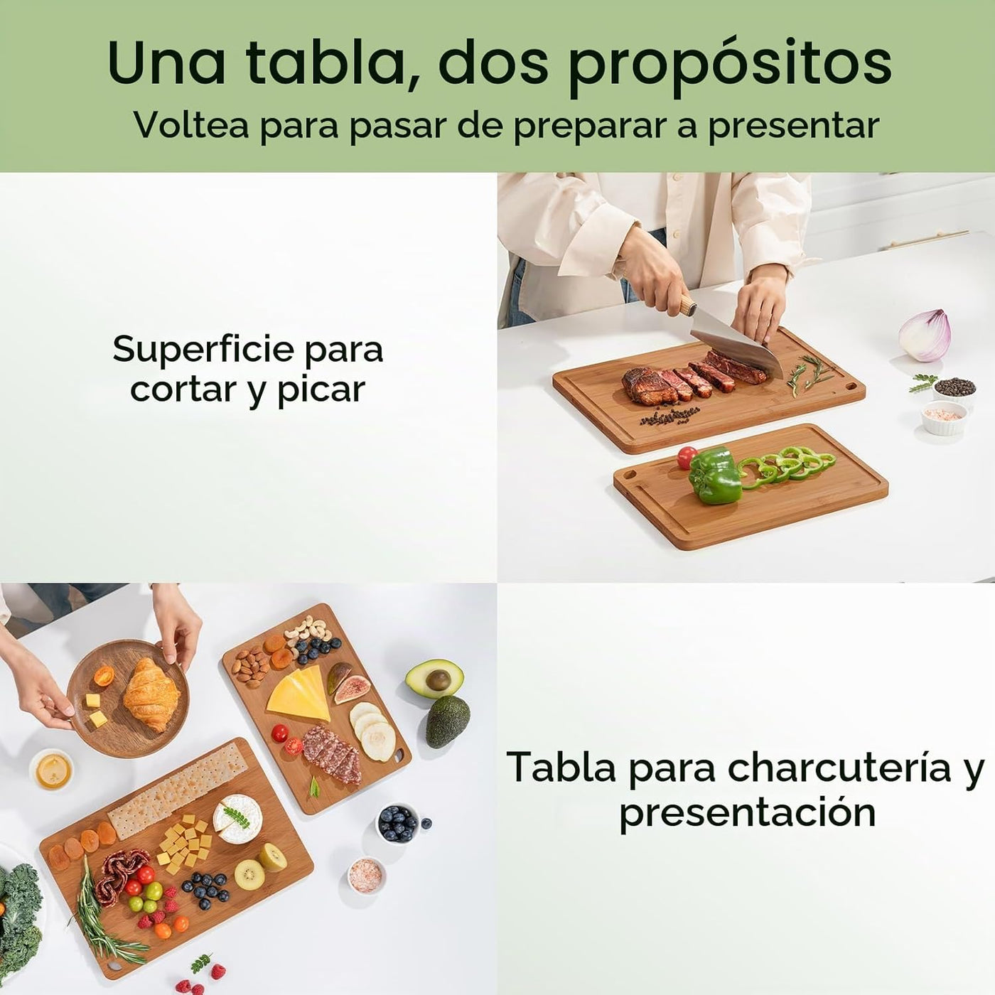 Keechee Butcher Block - Juego de 2 tablas de cortar de bambú carbon...