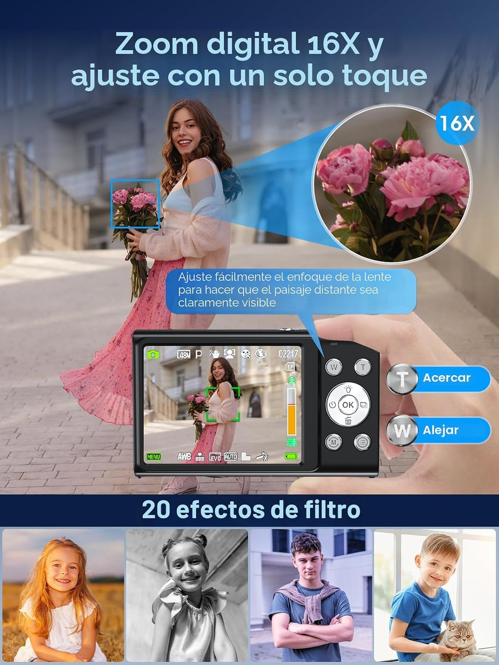 Cámara digital, cámara de videoblogs 4K con enfoque automático para...