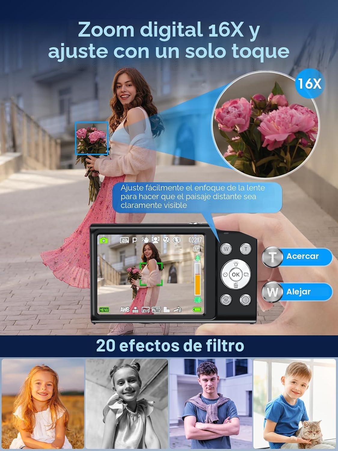 Cámara digital, cámara de videoblogs 4K con enfoque automático para...