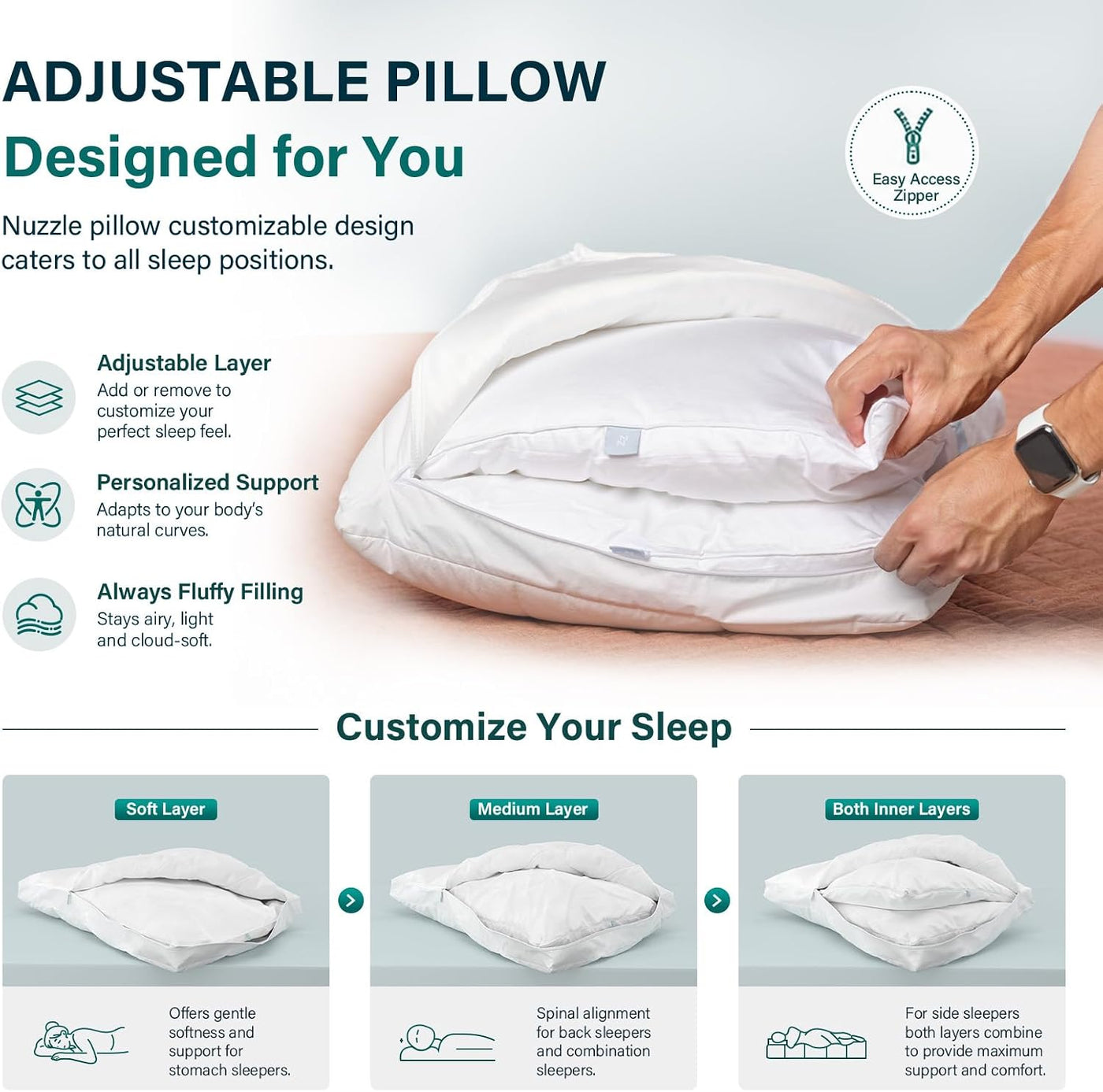 Nuzzle - Almohada de enfriamiento ajustable para dormir de lado, al...