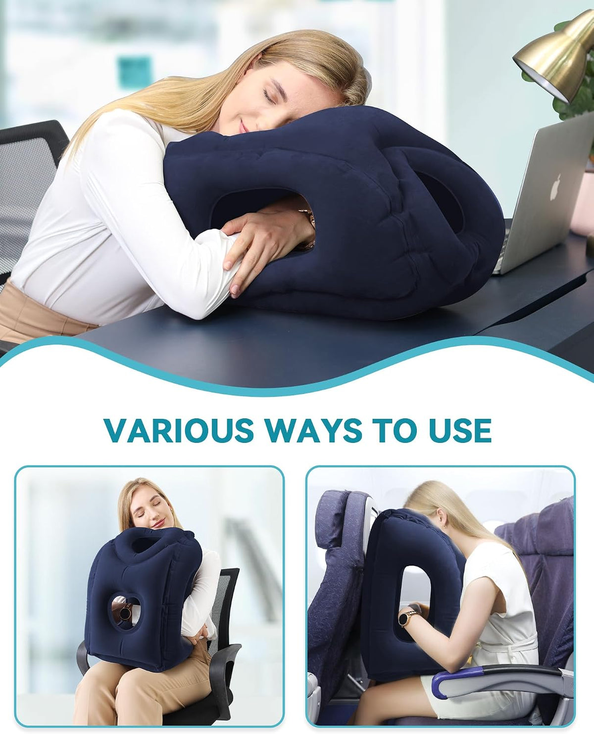 JefDiee Almohada de viaje, almohada inflable de avión para dormir p...