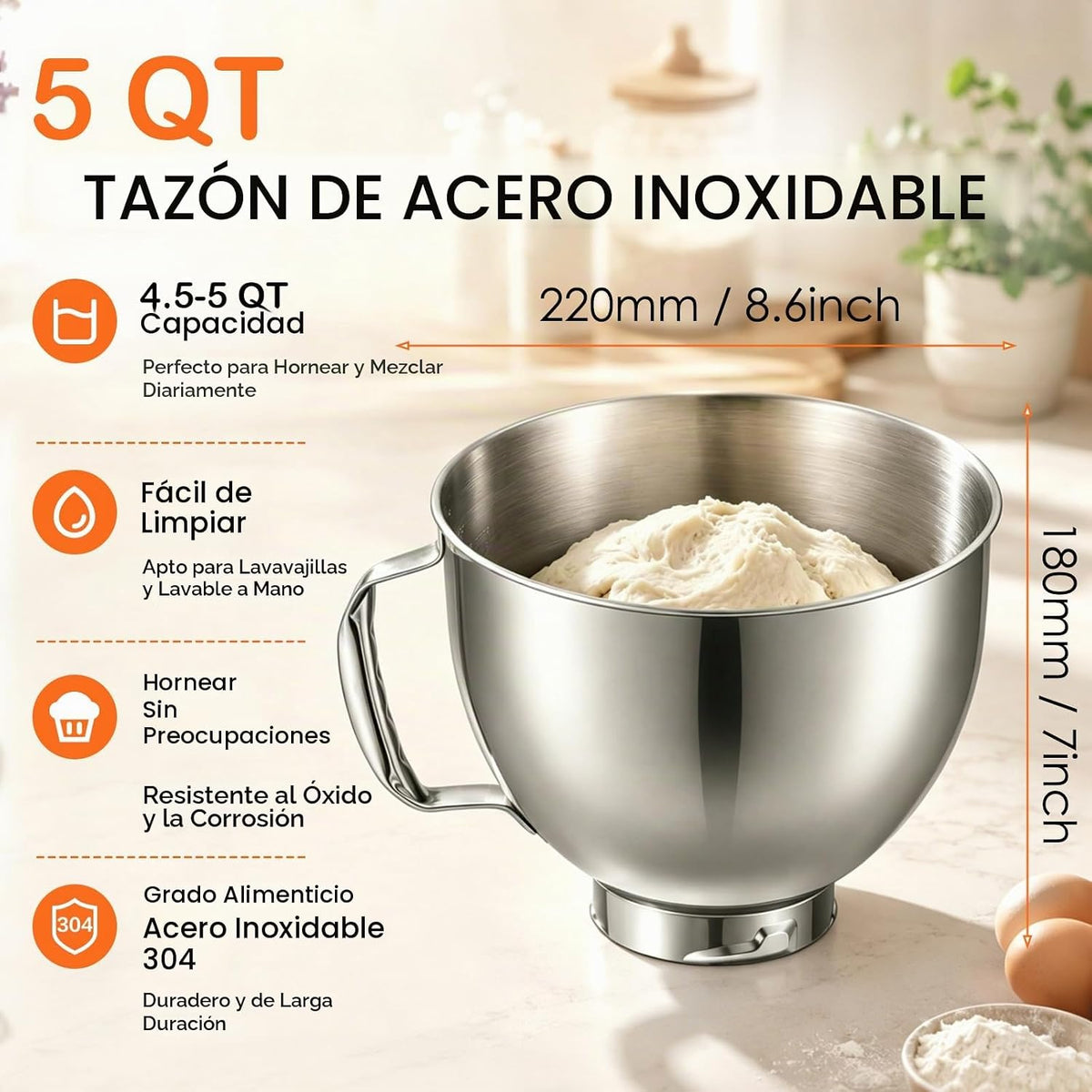 FOKIEE Cuenco de acero inoxidable 5QT para mezclador de soporte de...