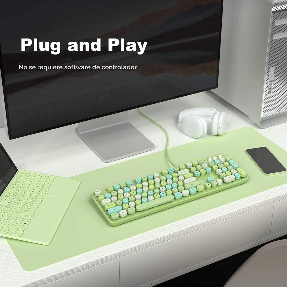 Teclado de computadora con cable MOWUX, teclado retro redondo con U...