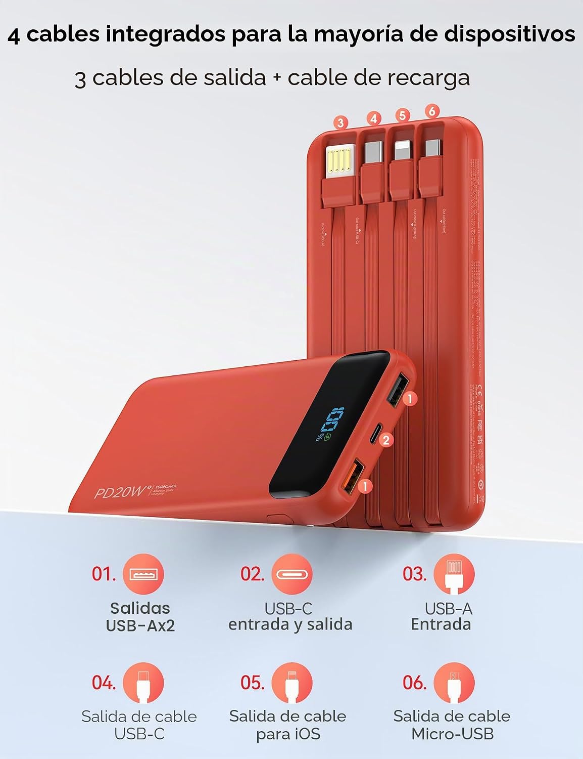 Nusyddy Cargador portátil 10000mAh con 4 cables incorporados y 6 sa...