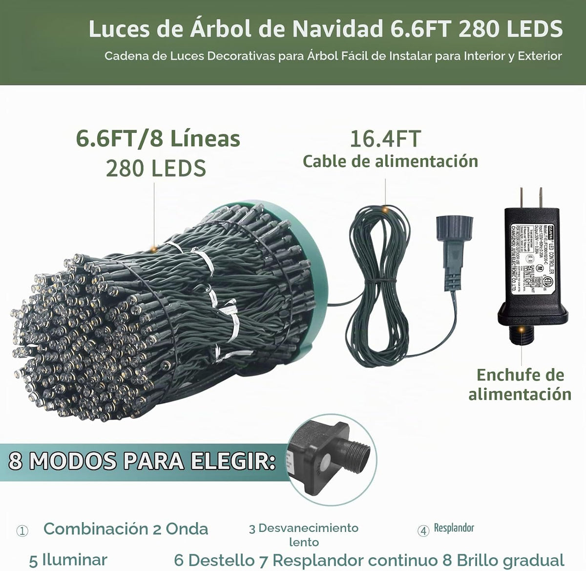 VIL Luces para árbol de Navidad con anillo, 6.6 pies, 8 líneas, 280...