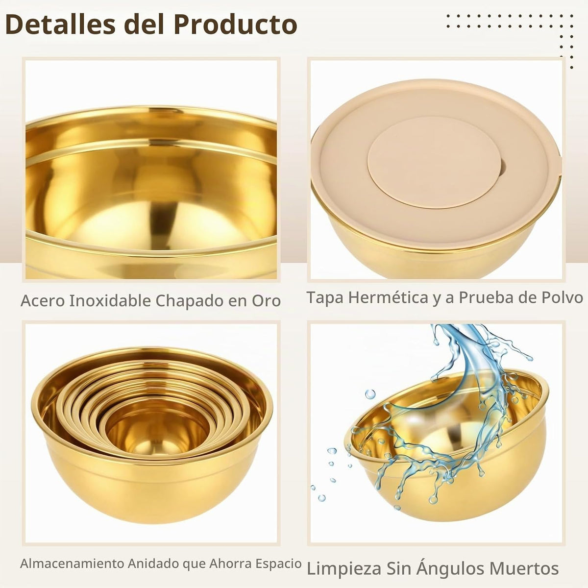 Tideme Juego de 20 cuencos dorados con tapas, 7 tazones para mezcla...