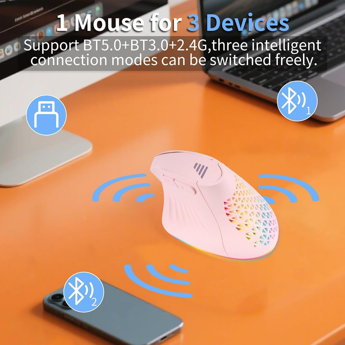 Ratón vertical ergonómico, mouse inalámbrico Bluetooth, 7 ratones r...