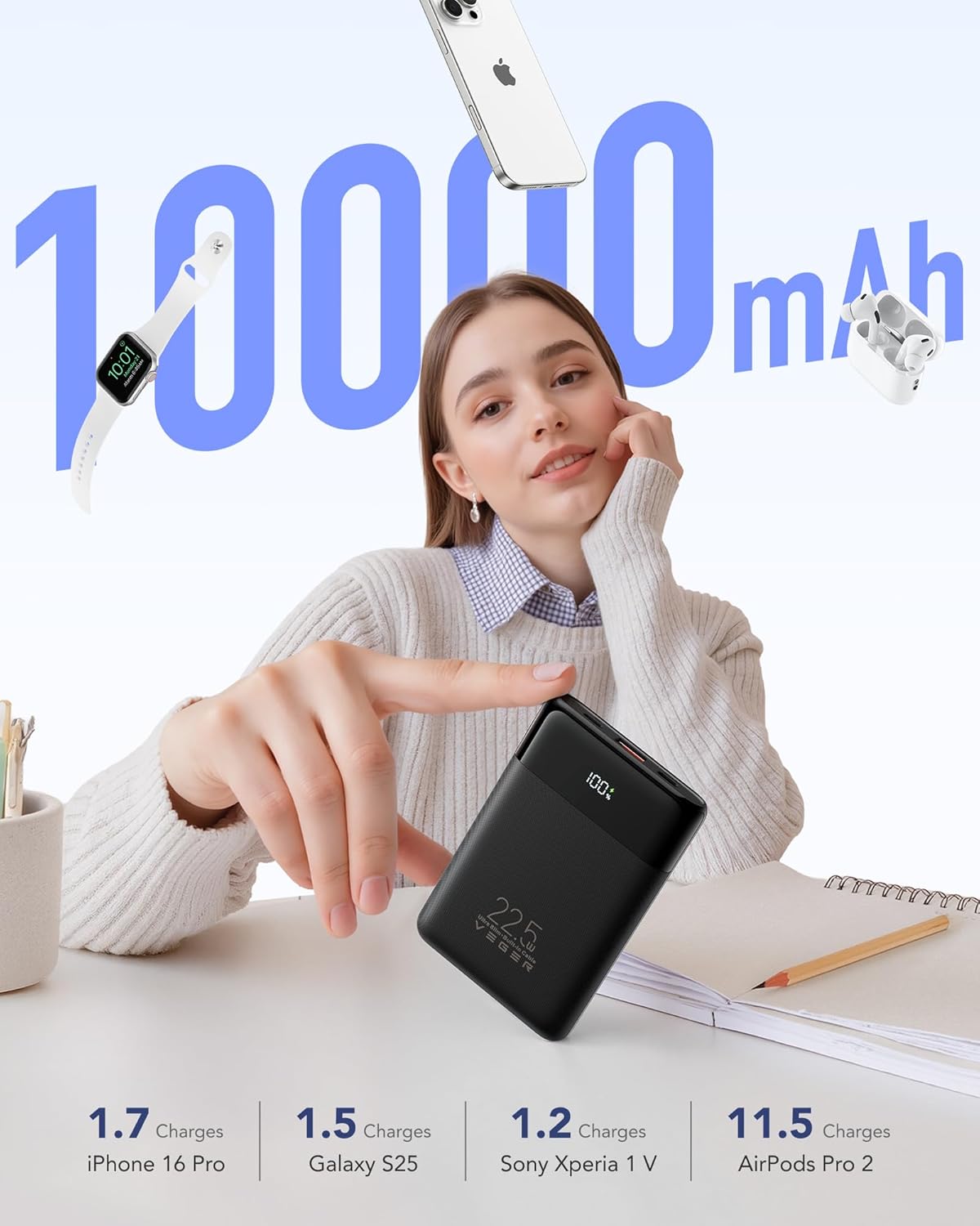 VEGER 10000mAh 22.5W Cargador portátil de carga rápida con cables i...