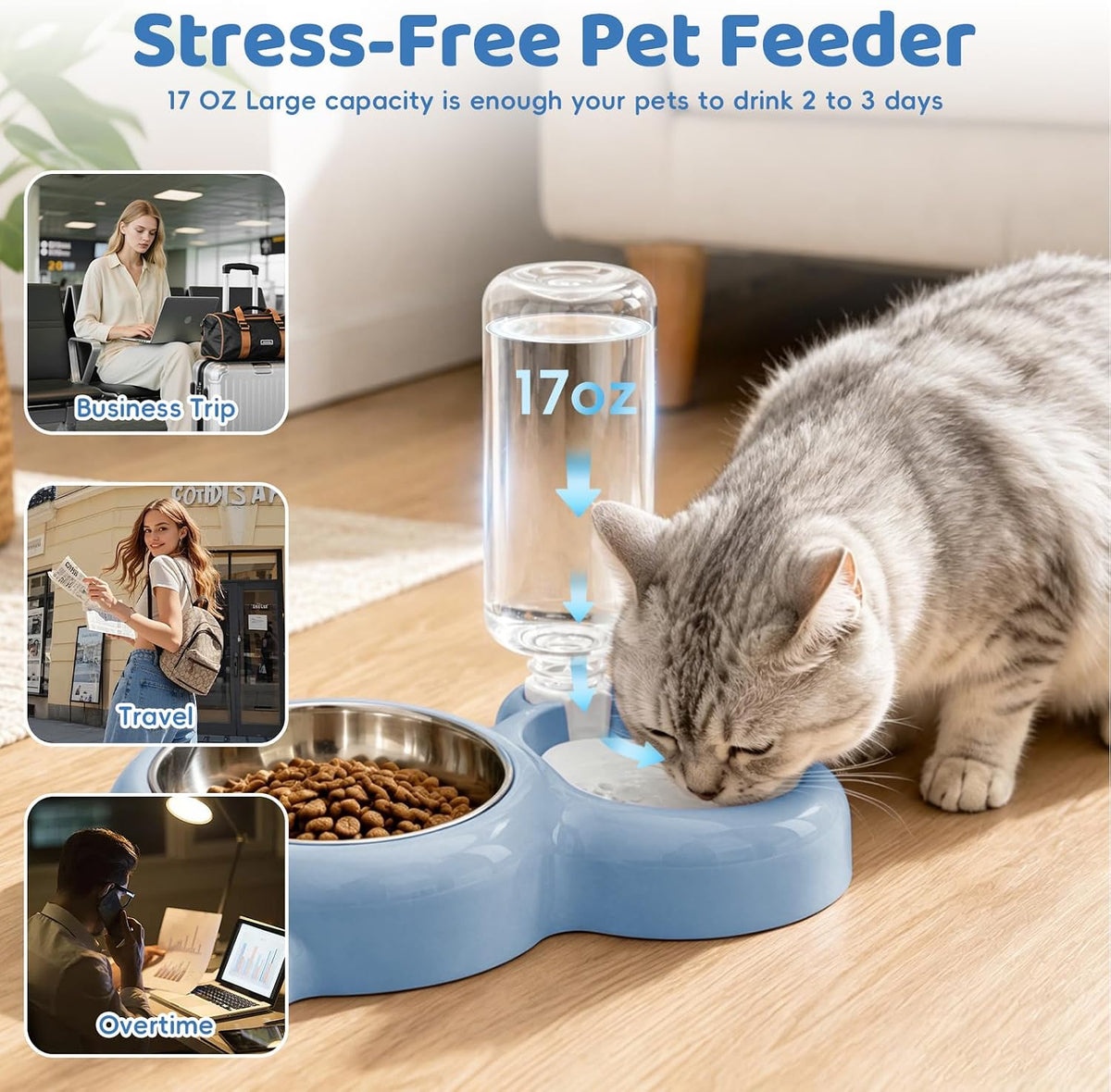 SUNGO Juego de cuencos dobles para perros y gatos, con dispensador...