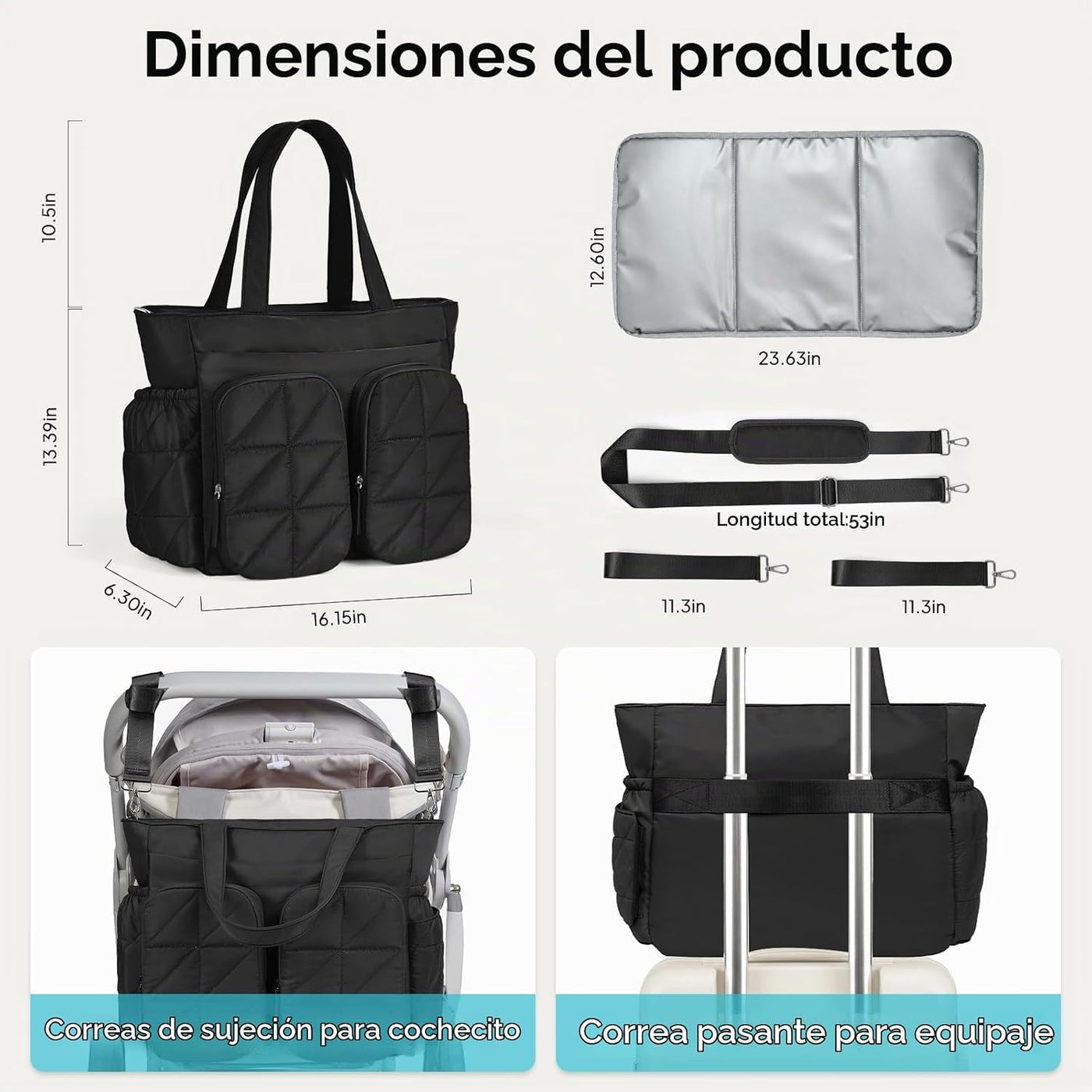 TOPEAST Bolsa de pañales, bolsa acolchada para bebé con bolsillos a...