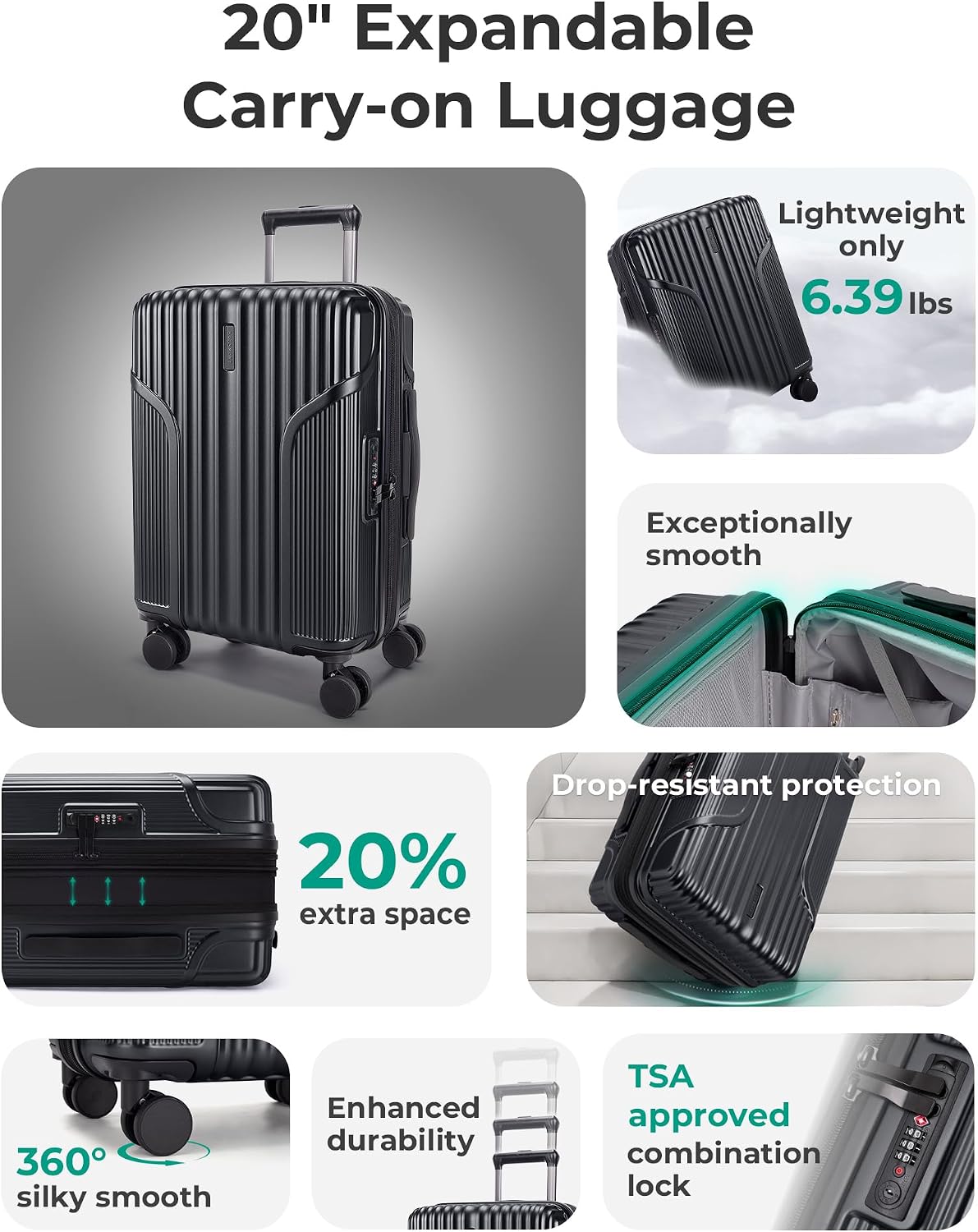BAGSMART - Maleta de mano 22 x 14 x 9 aprobada por aerolíneas, male...