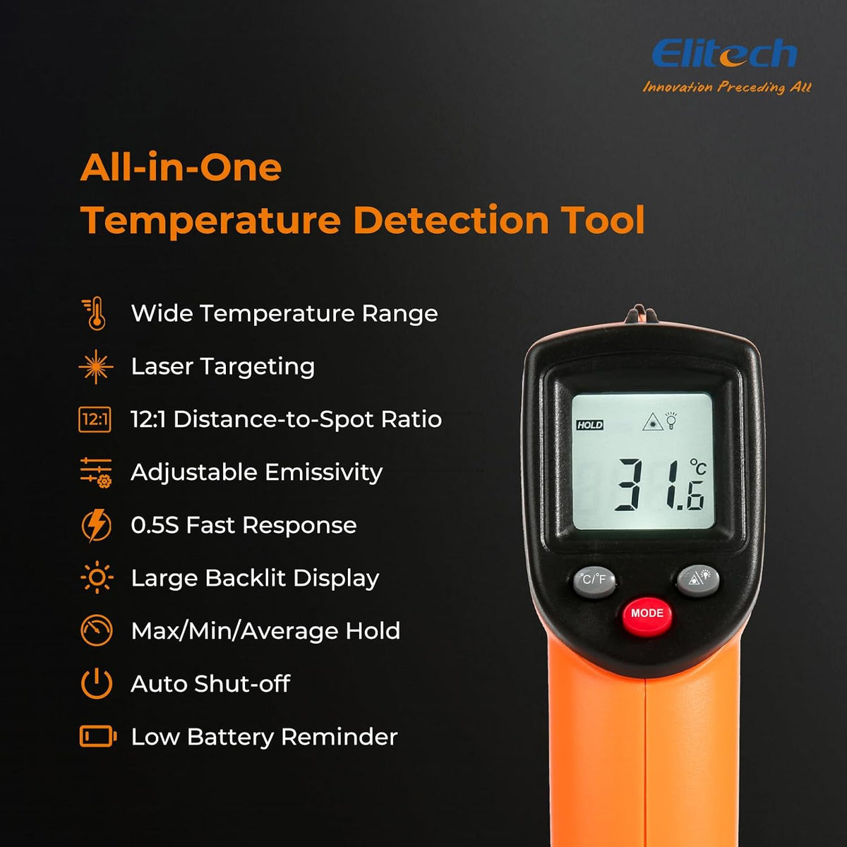 Elitech Pistola de temperatura láser, termómetro infrarrojo digital...