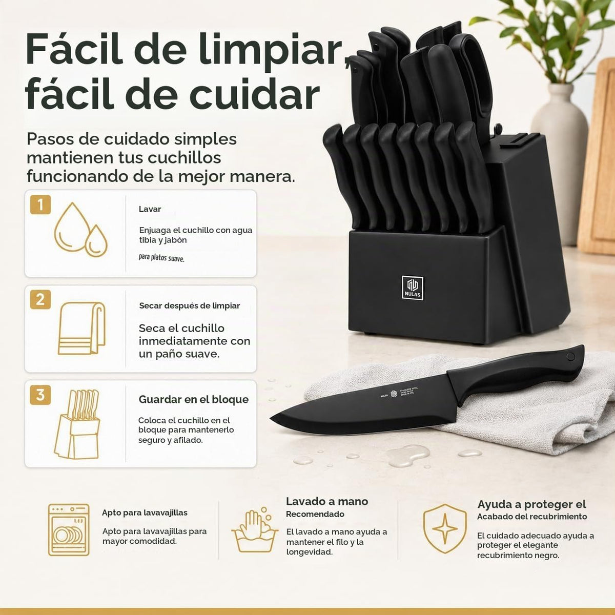 NULAS Juego de bloques de cuchillos de cocina de 19 piezas con afil...