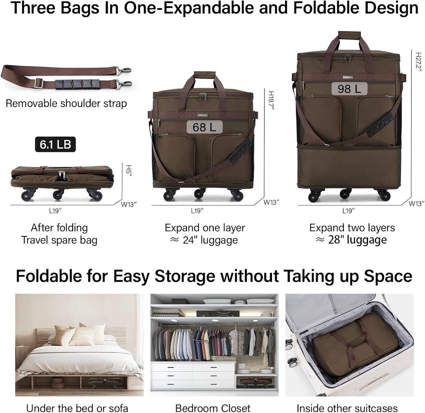 Maletas Hanke con ruedas, bolsa de equipaje plegable y expandible,...