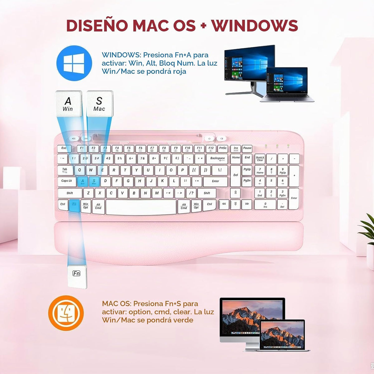Teclado inalámbrico ergonómico con reposamuñecas acolchado, teclas...