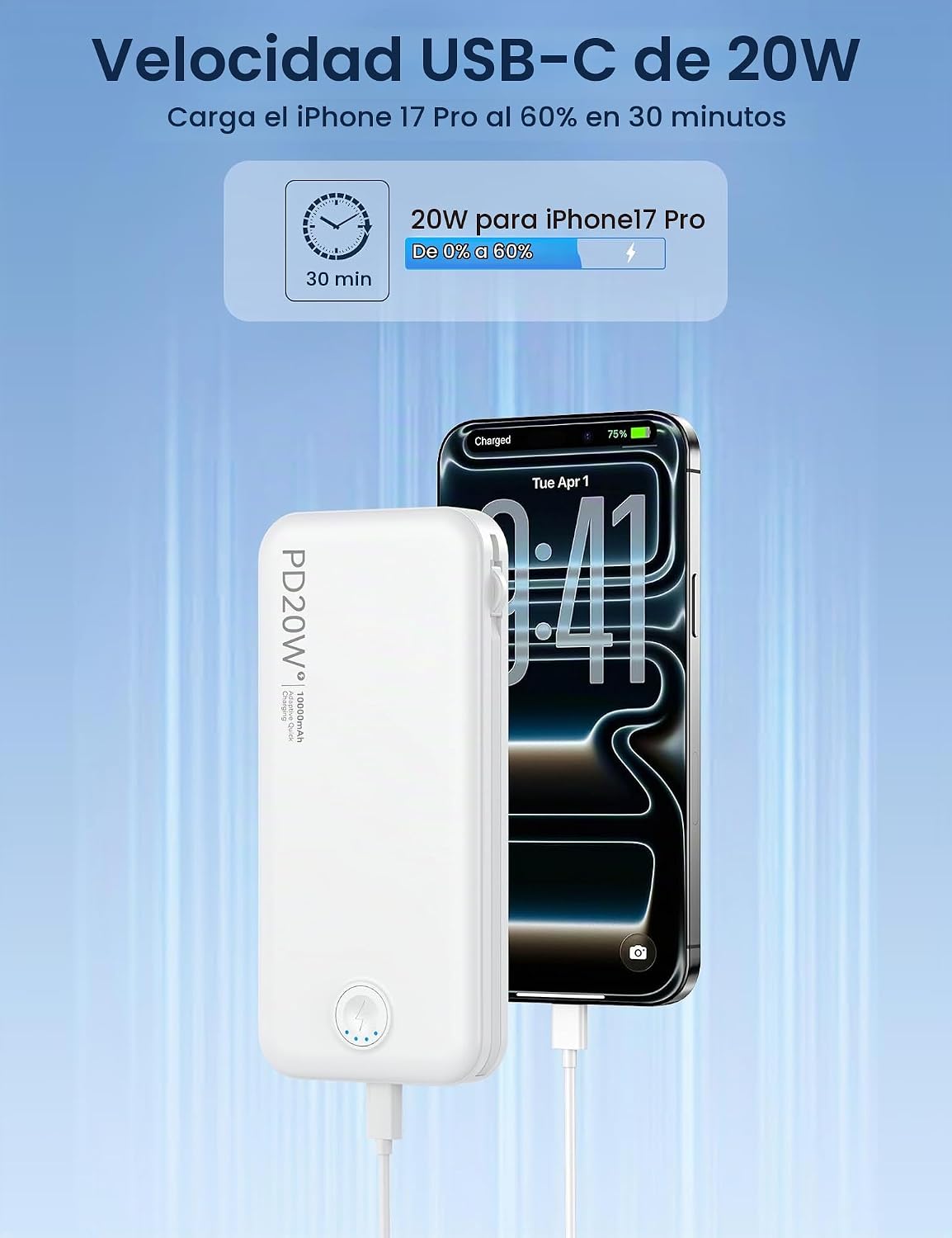 Nusyddy Cargador portátil 10000mAh de carga rápida w\/incorporado e...