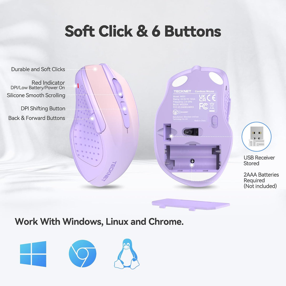 TECKNET - Mouse inalámbrico y ergonómico de 2.4 GHz, mouse óptico p...