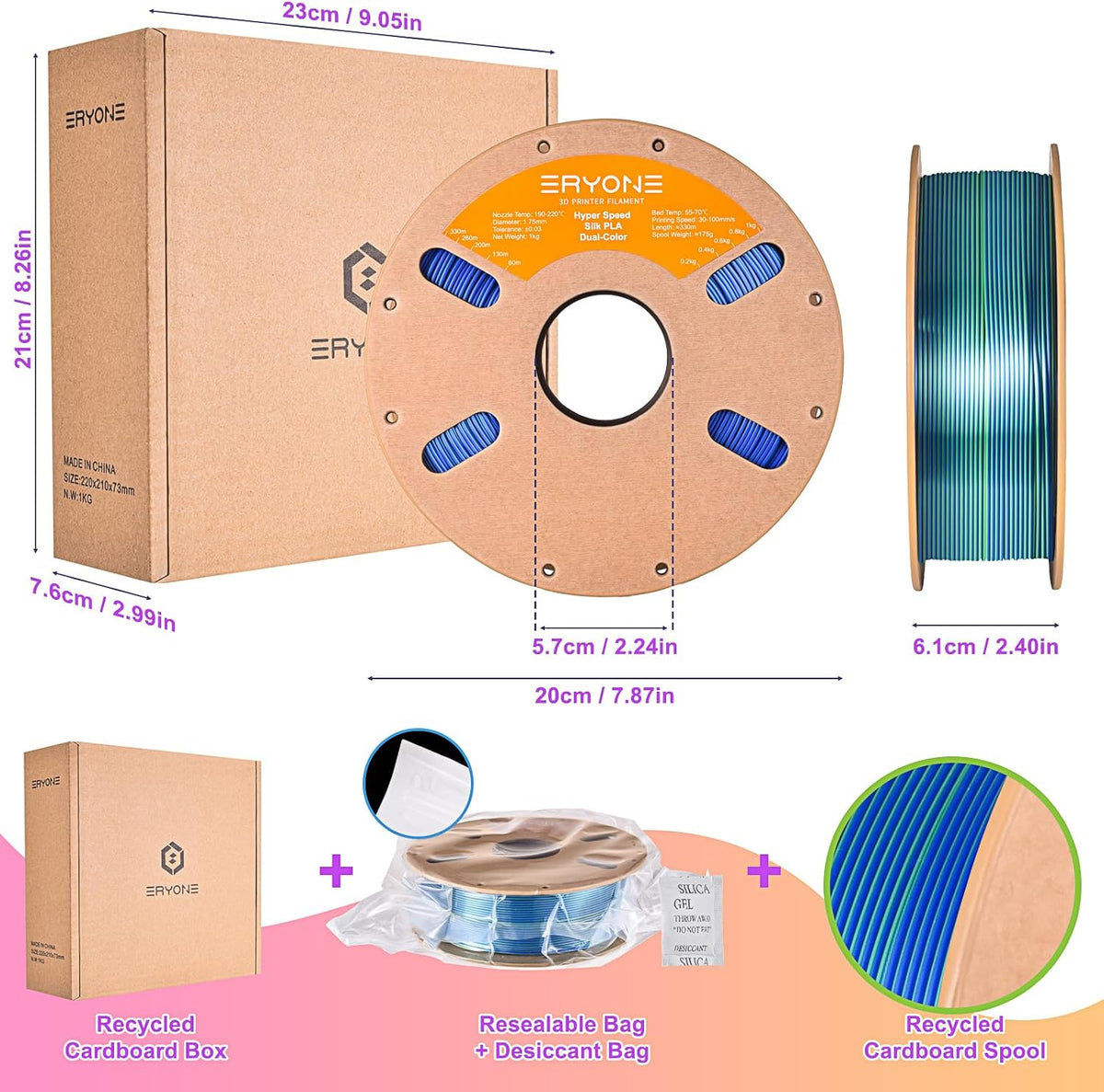 ERYONE HS Seda de Doble Color Filamento PLA para Impresora 3D 1.75m...
