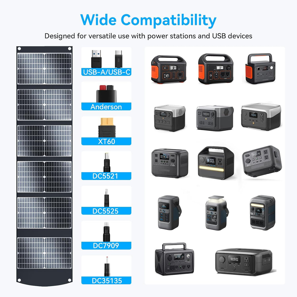 Panel solar portátil de 100W con puerto USB-C\/A y 20V DC XT60 para...