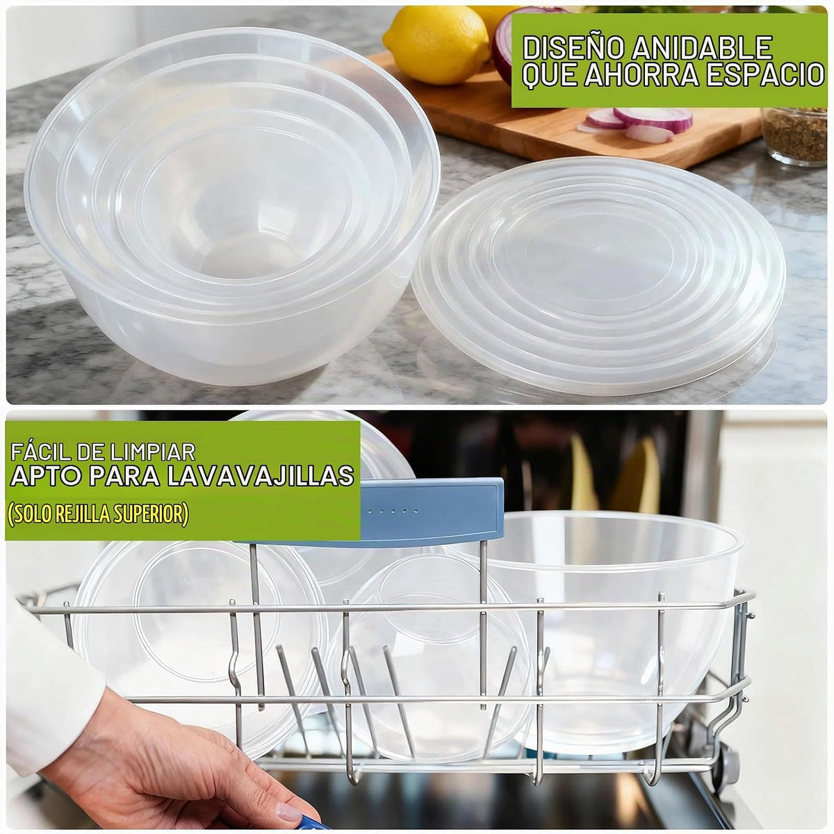 Greentainer Juego de 5 tazones de plástico con tapas para cocina, j...