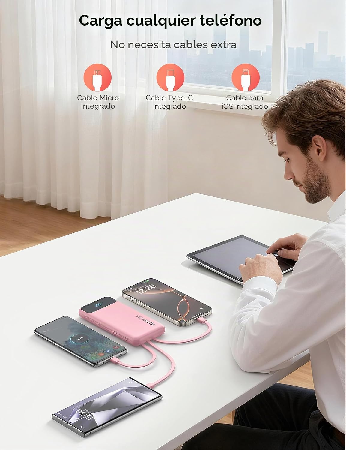 Nusyddy Cargador portátil 10000mAh con 4 cables incorporados y 6 sa...
