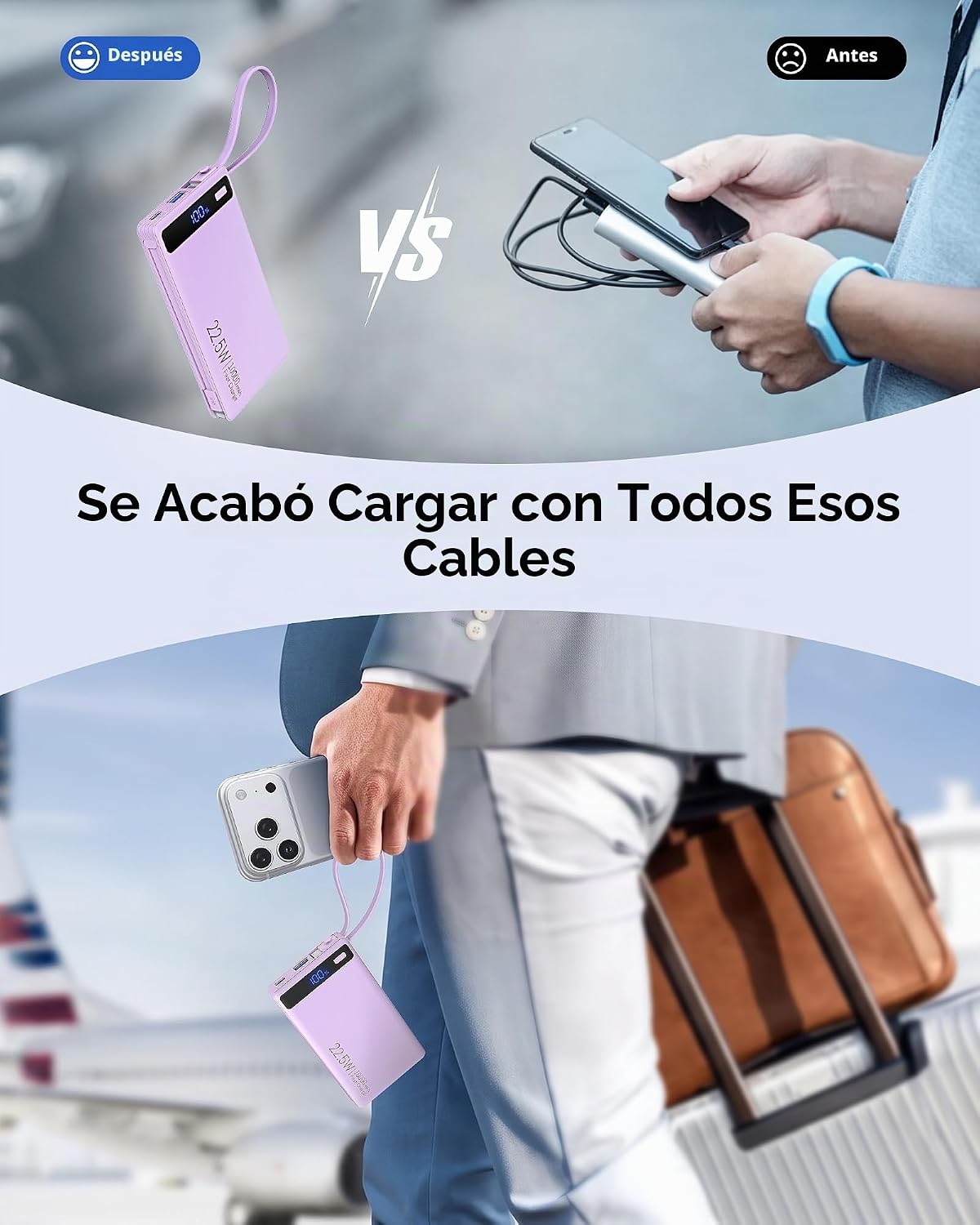 Cargador portátil 10000mAh incorporado 2 cables, 22.5W PD 40% más d...