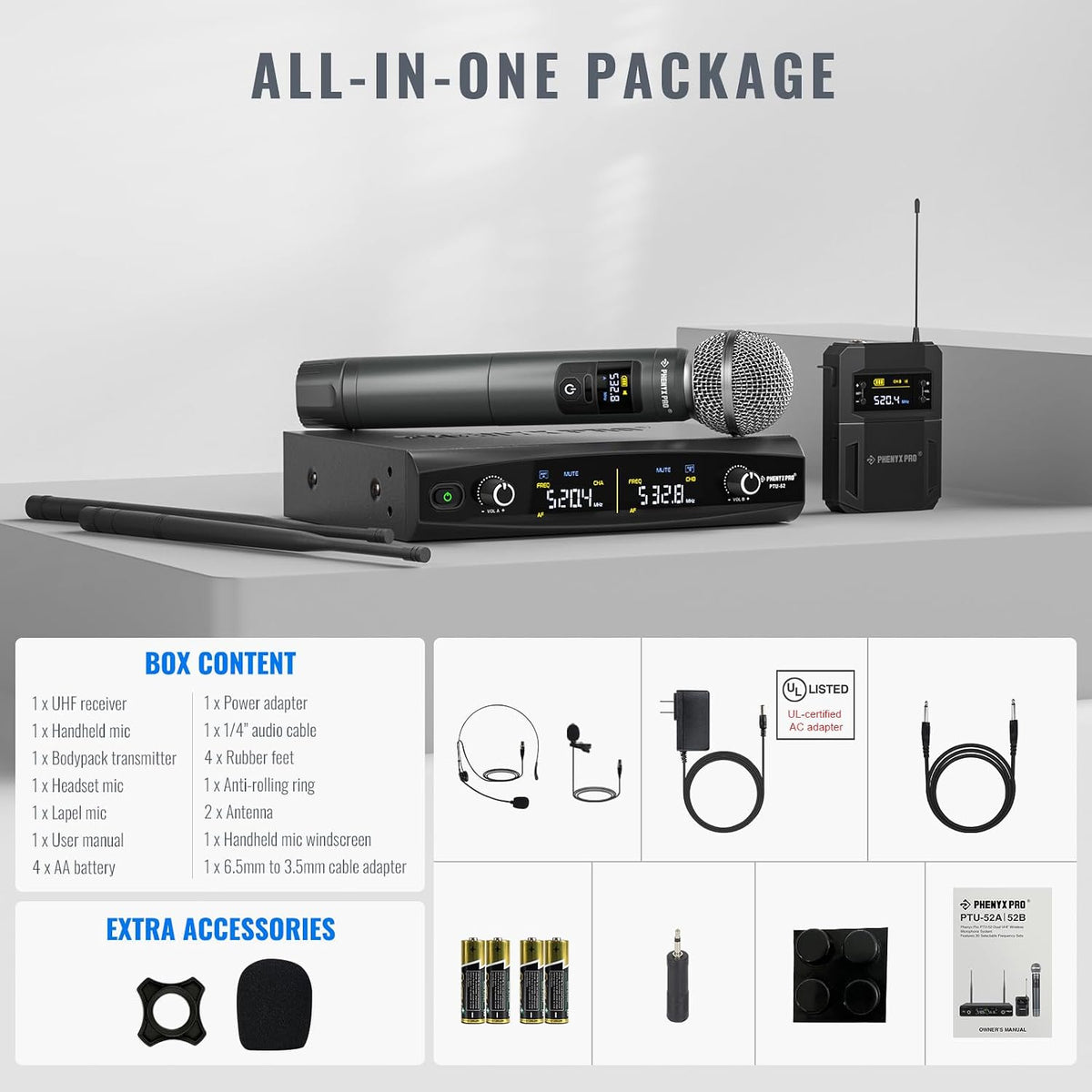 Phenyx Pro Dual UHF Tunable Freq Sistema de micrófono inalámbrico P...