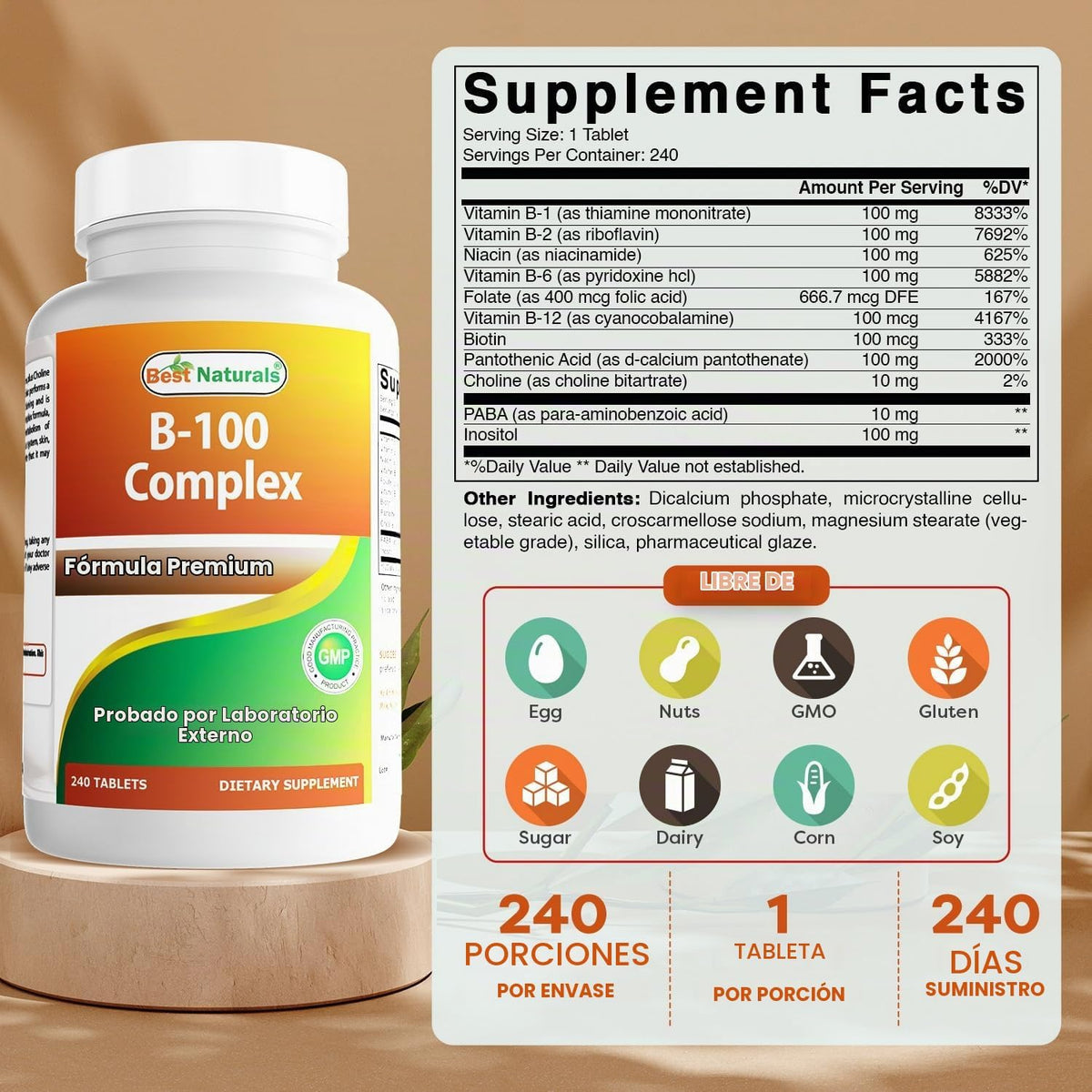 Best Naturals Complejo de vitamina B con inositol, PABA 240 comprim...