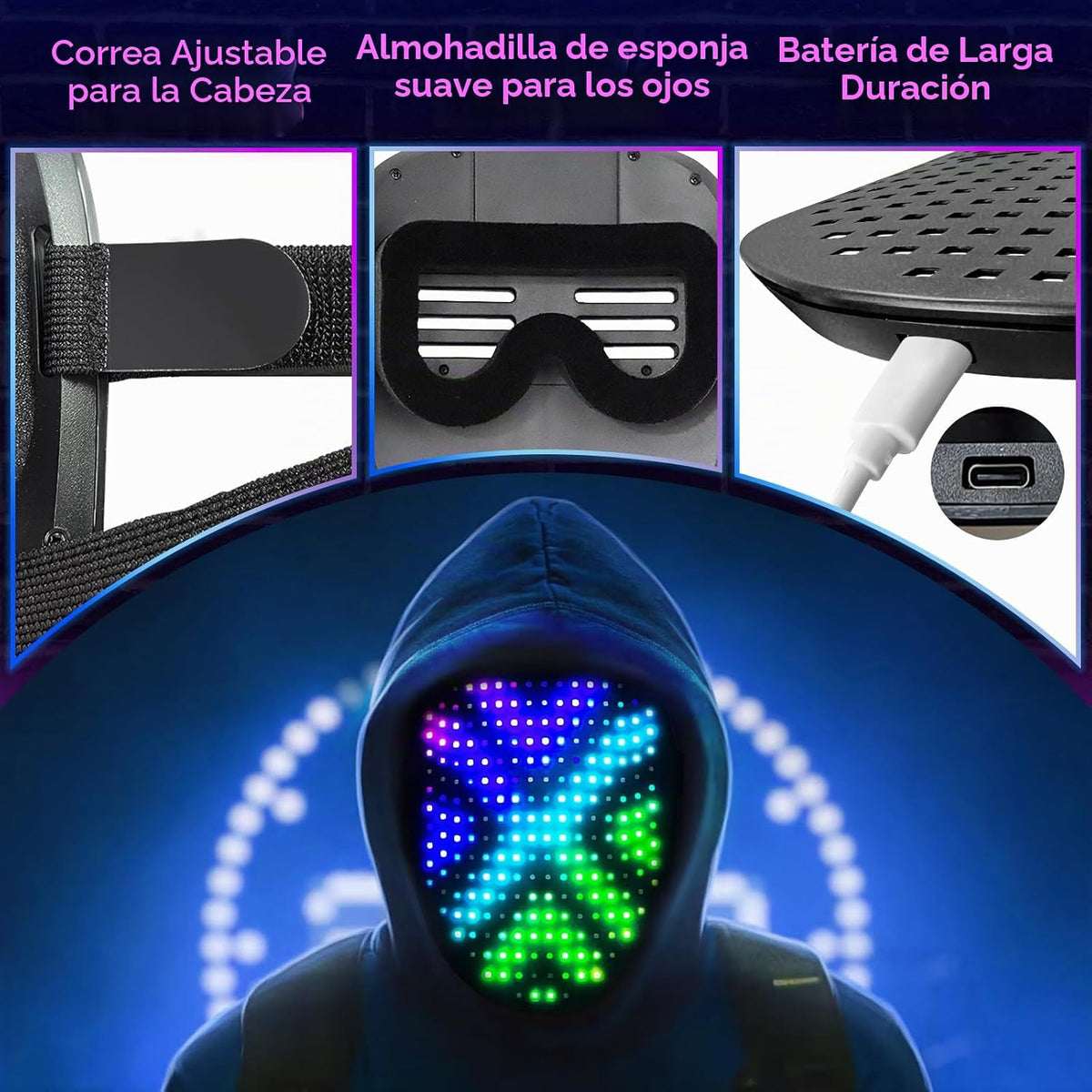 Máscara LED de disfraz de Halloween con detección de gestos, juguet...