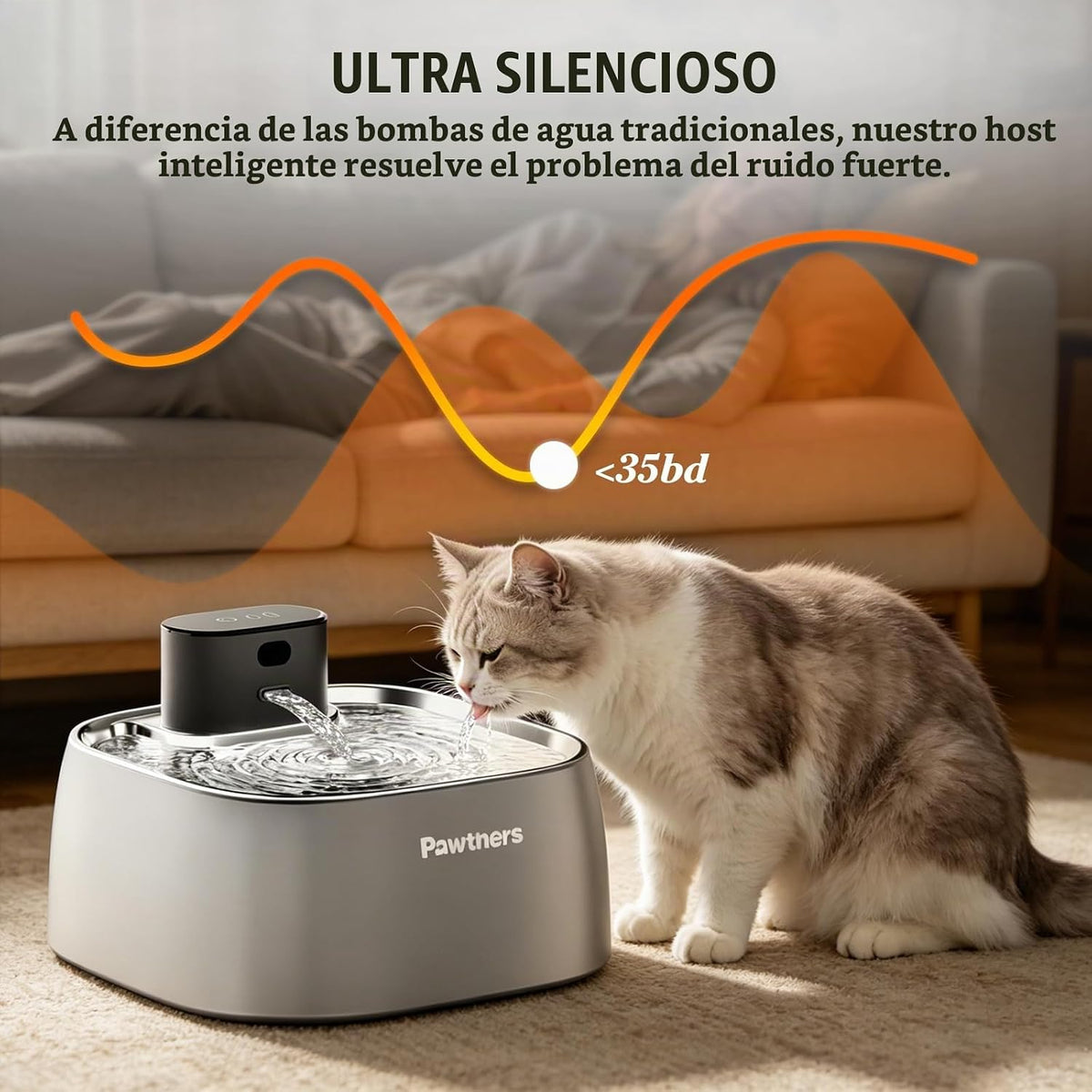 Pawtners Fuente de agua para gatos sin bombeo de acero inoxidable 1...