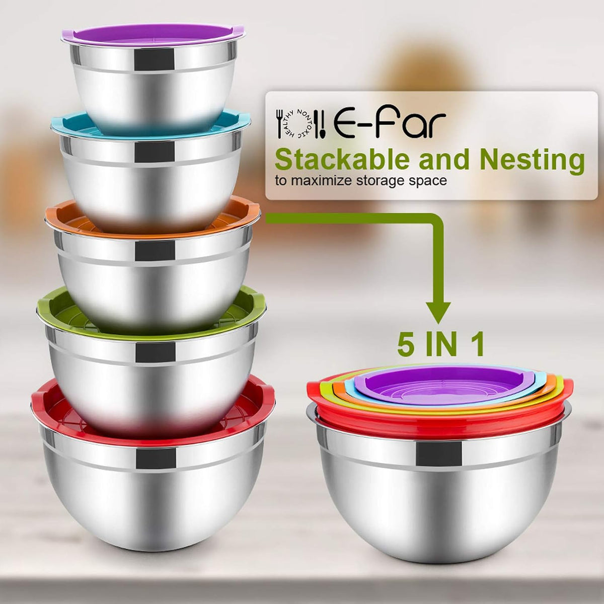 E-far Juego de 5 tazones para mezclar con tapas, cuencos de acero i...